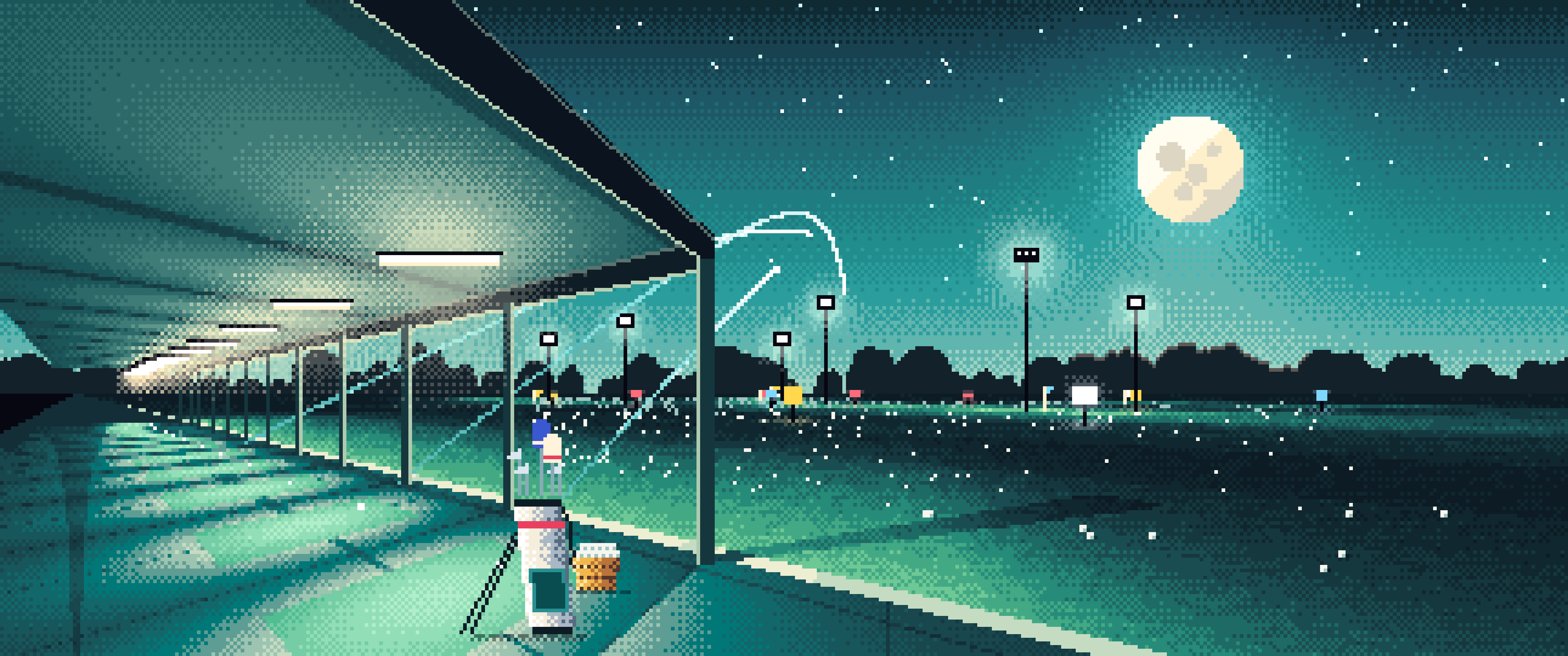 Teal Pixel Art Golf Driving Range at Night ultrawide wallpaper, 3440 × 1440