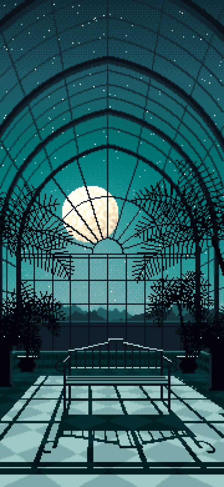 Teal Pixel Art Gothic Greenhouse at Night wallpaper for iPhone and Android