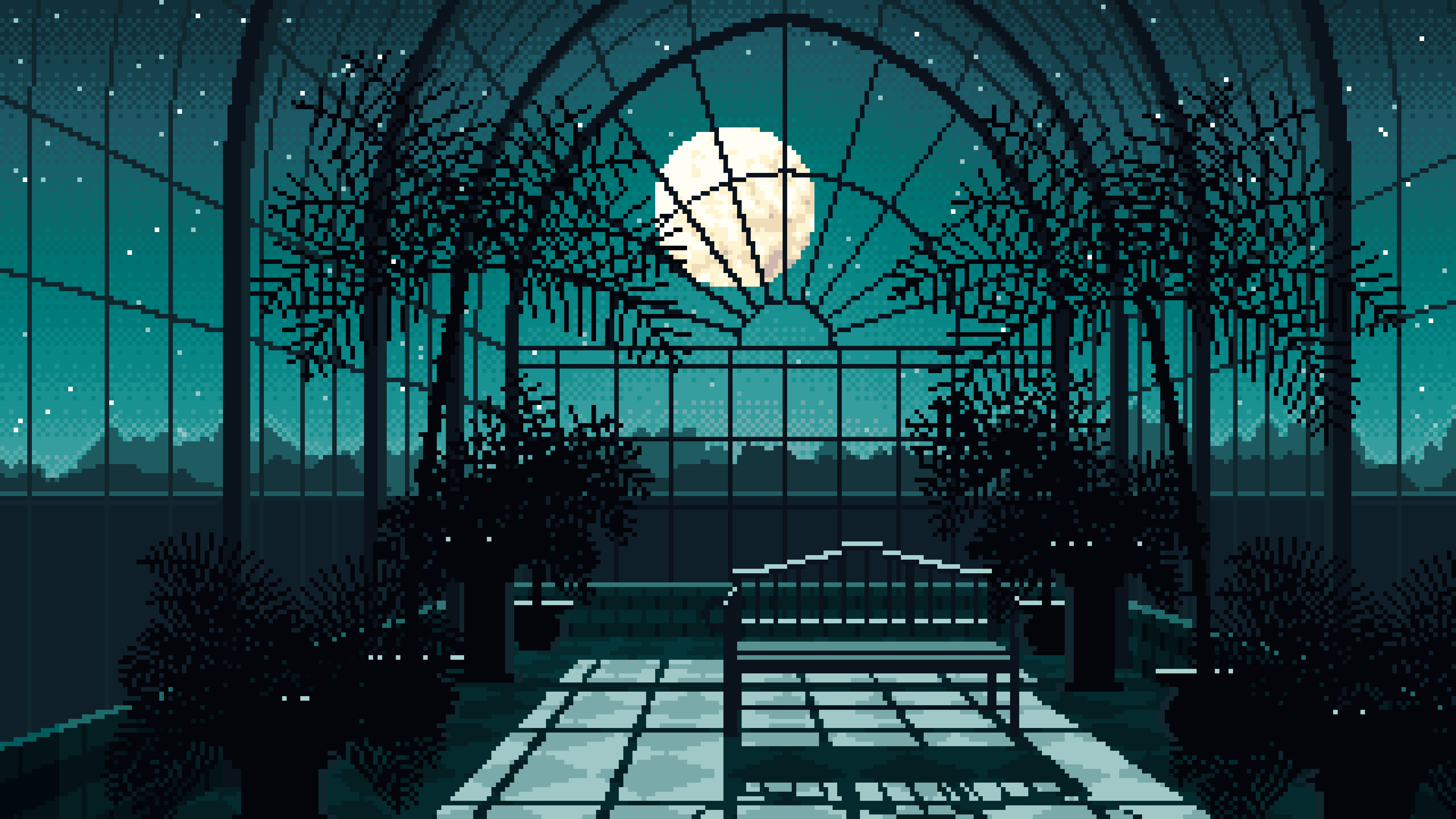 Teal Pixel Art Gothic Greenhouse at Night desktop wallpaper in 4K