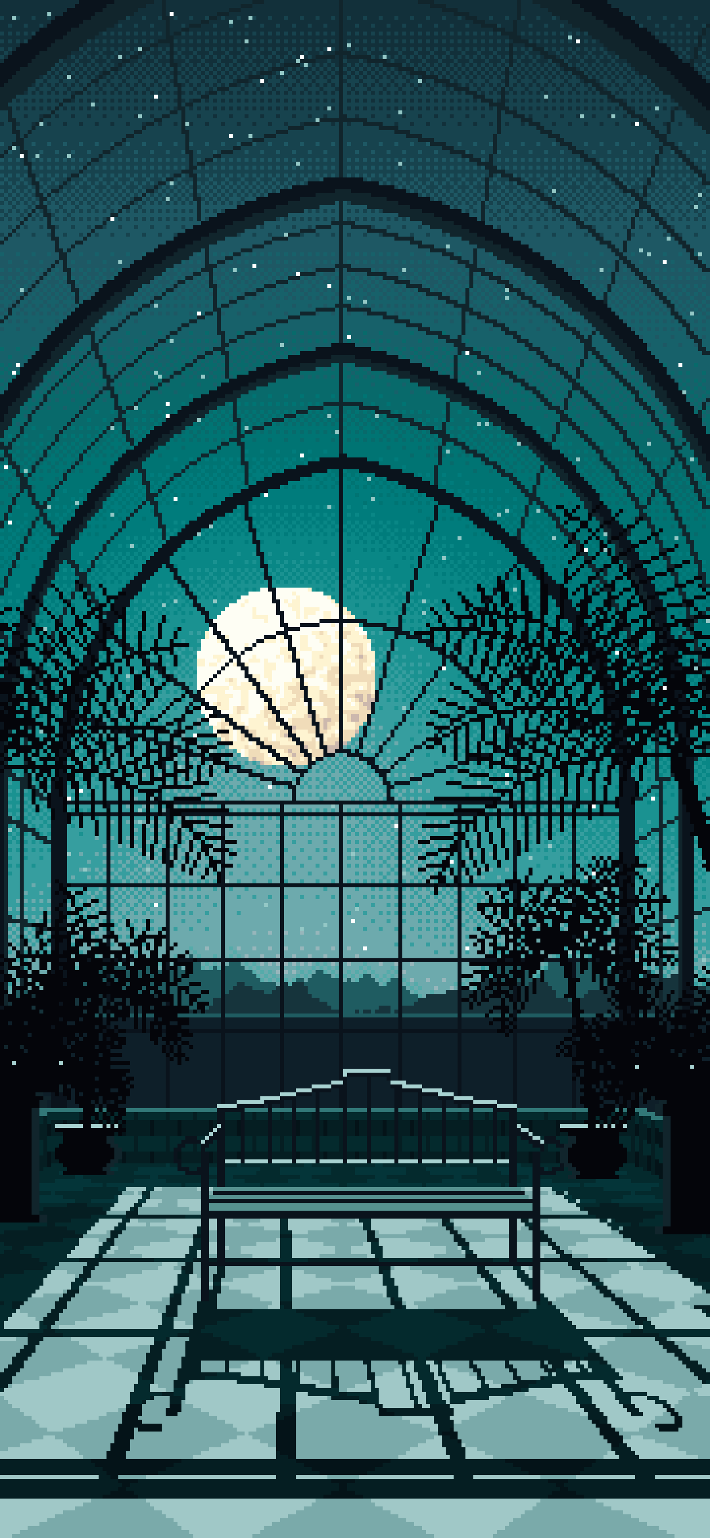 Teal Pixel Art Gothic Greenhouse at Night wallpaper for iPhone and Android