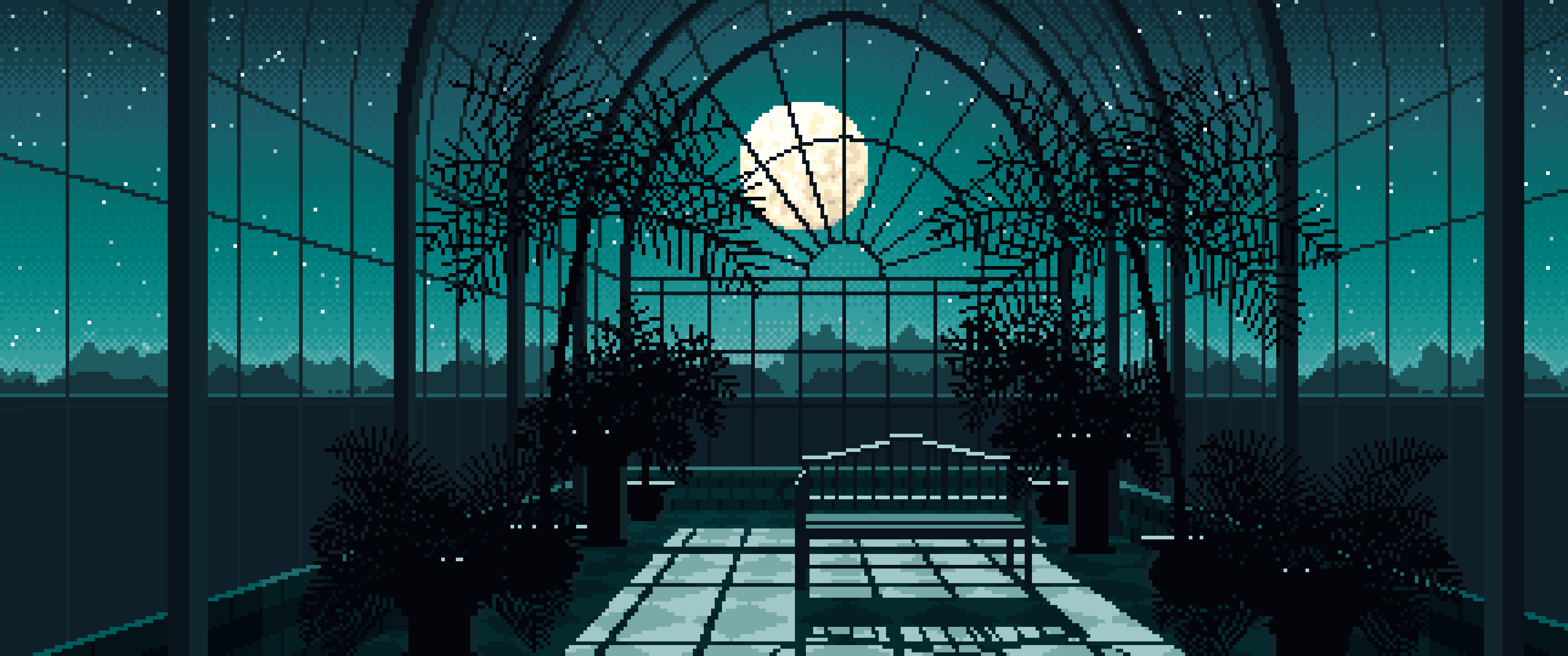 Teal Pixel Art Gothic Greenhouse at Night ultrawide wallpaper, 3440 × 1440