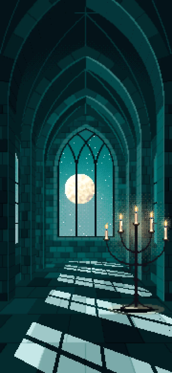 Teal Pixel Art Gothic Hall by Moonlight wallpaper for iPhone and Android