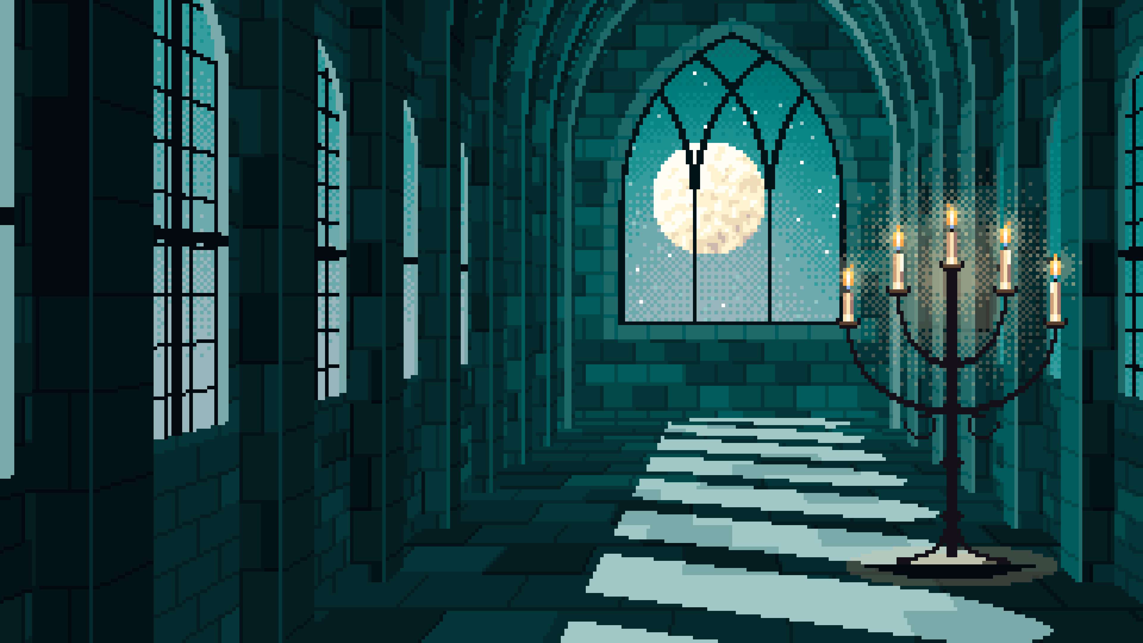 Teal Pixel Art Gothic Hall by Moonlight desktop wallpaper in 4K