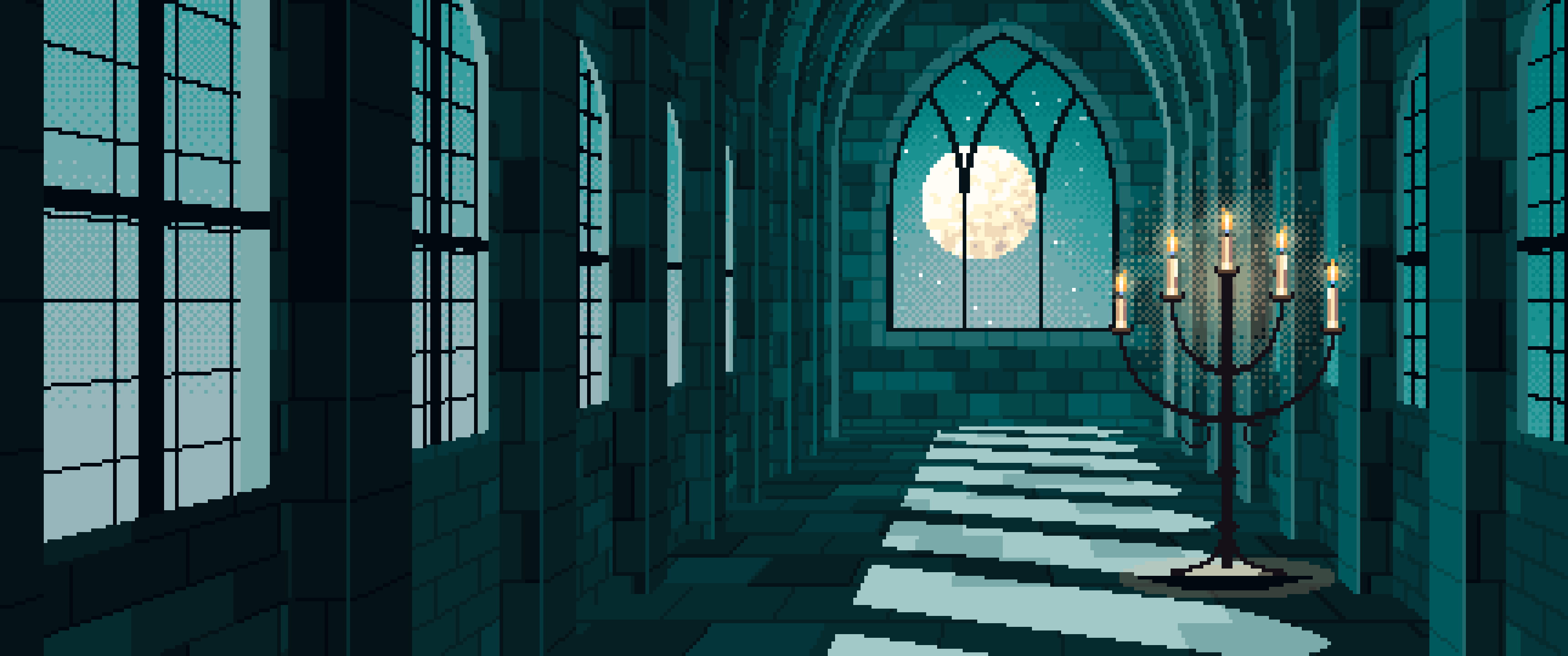 Teal Pixel Art Gothic Hall by Moonlight ultrawide wallpaper, 3440 × 1440