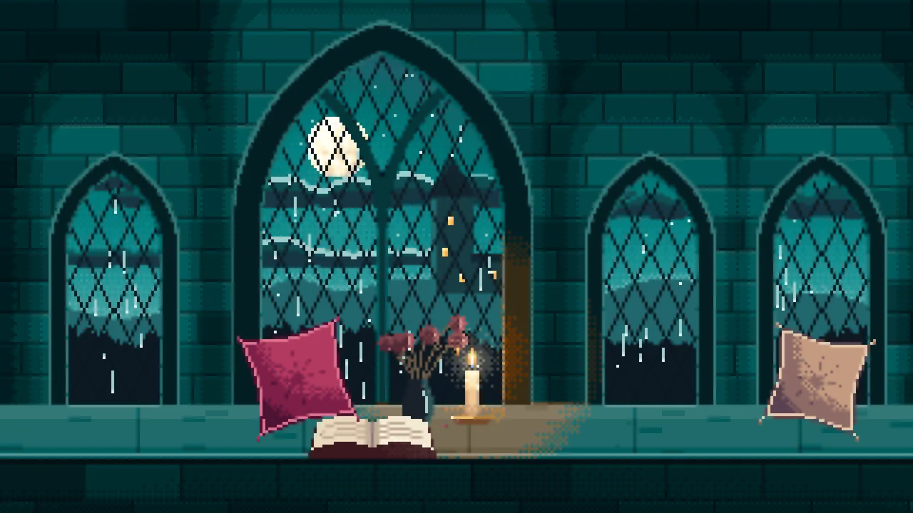 Teal Pixel Art Gothic Window Seat on a Rainy Night desktop wallpaper in 4K