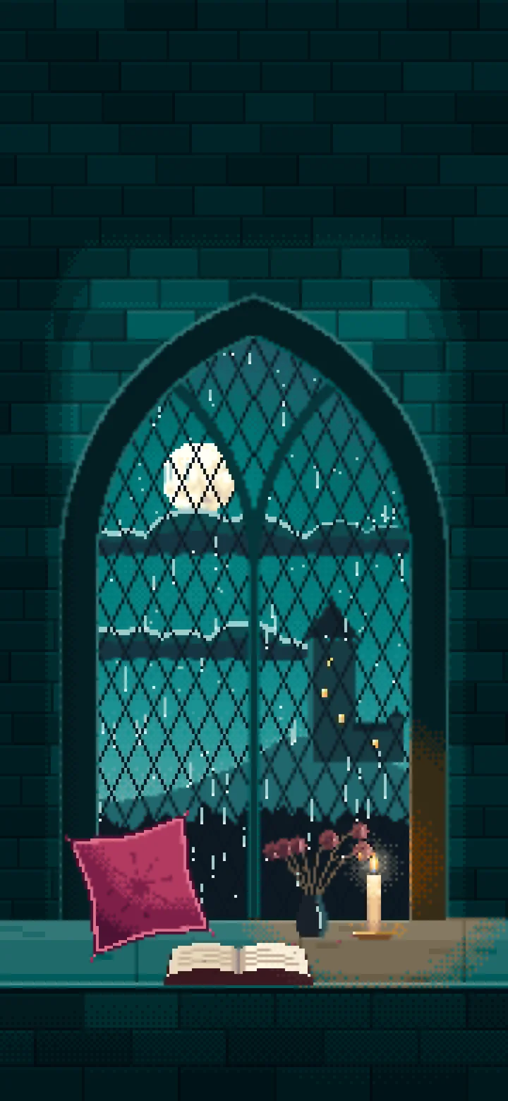 Teal Pixel Art Gothic Window Seat on a Rainy Night wallpaper for iPhone and Android