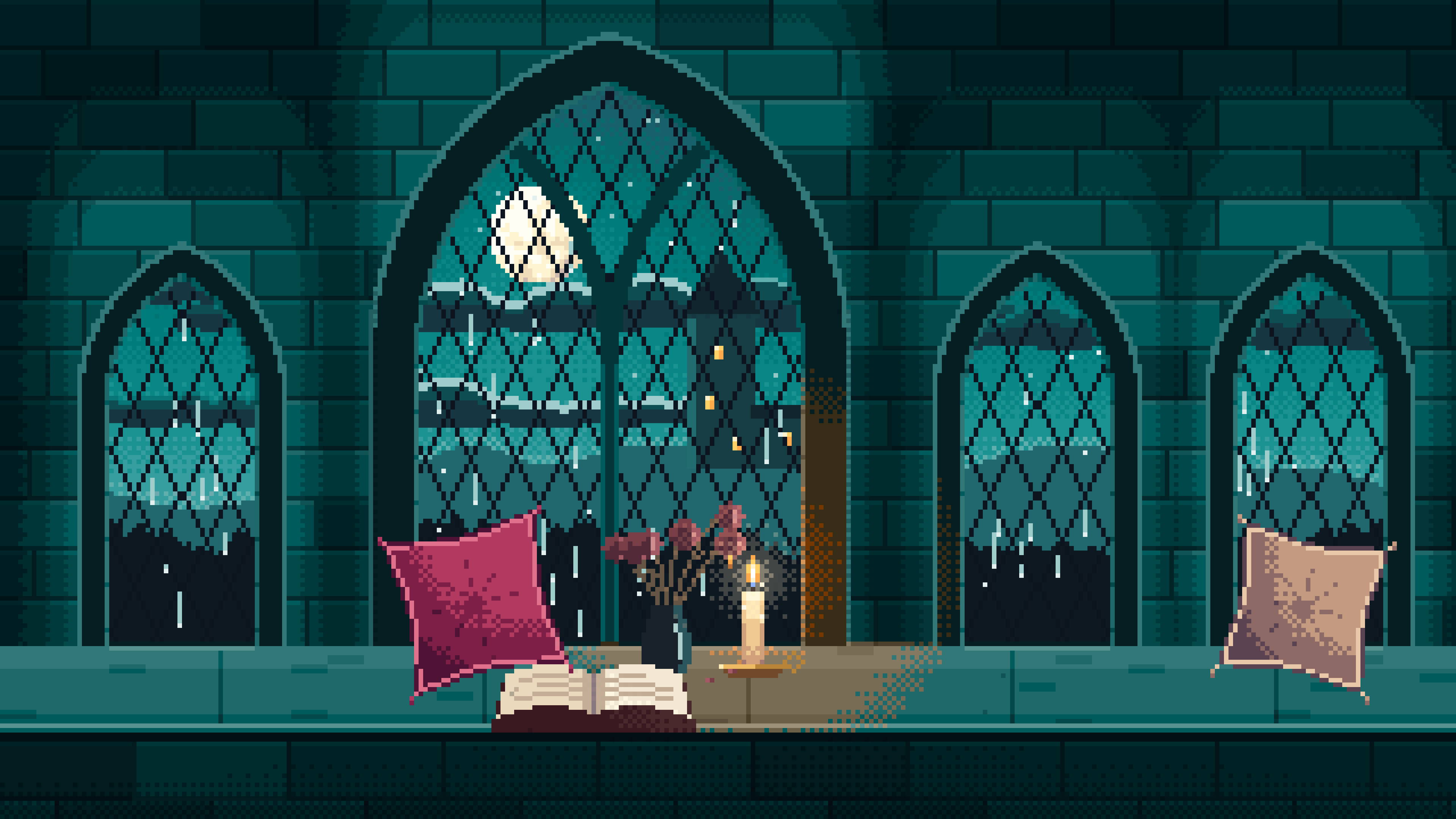 Teal Pixel Art Gothic Window Seat on a Rainy Night desktop wallpaper in 4K