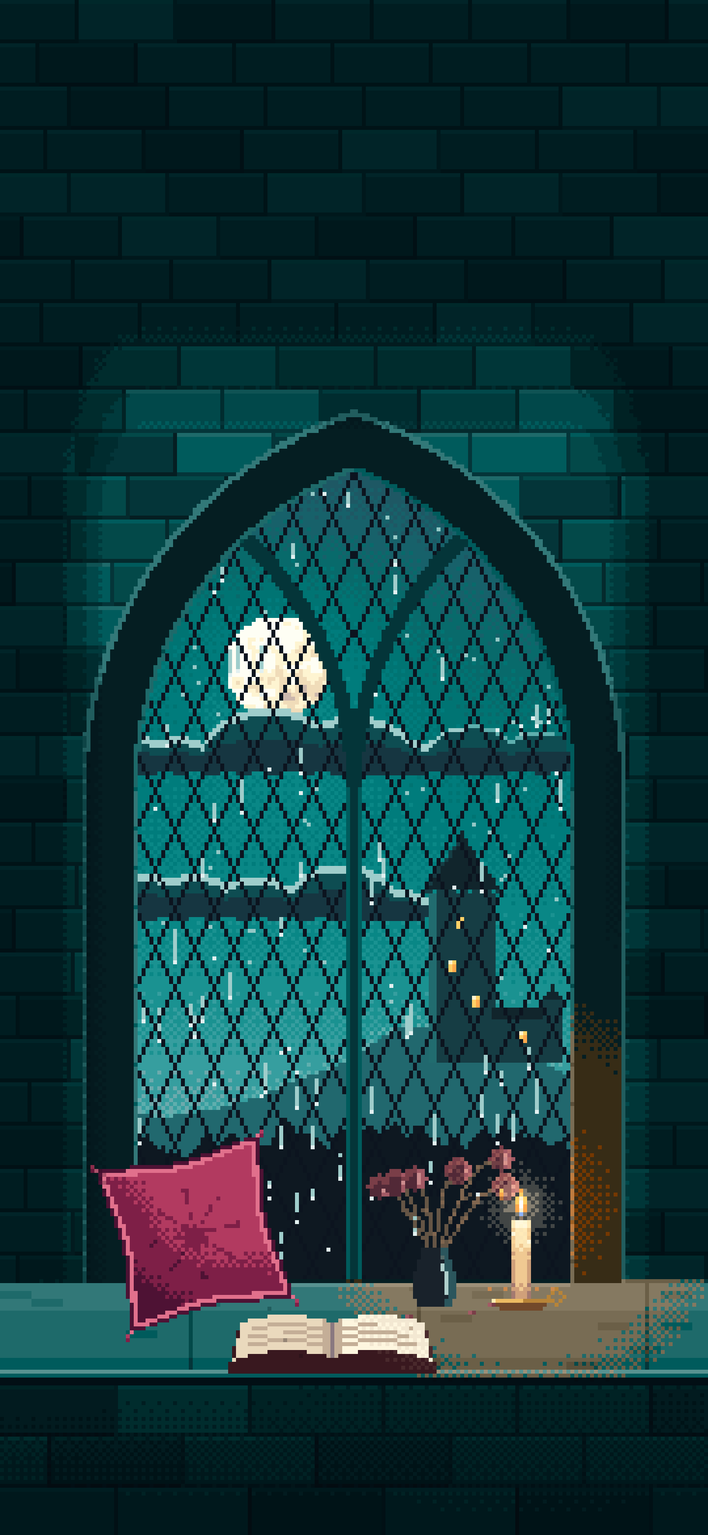 Teal Pixel Art Gothic Window Seat on a Rainy Night wallpaper for iPhone and Android
