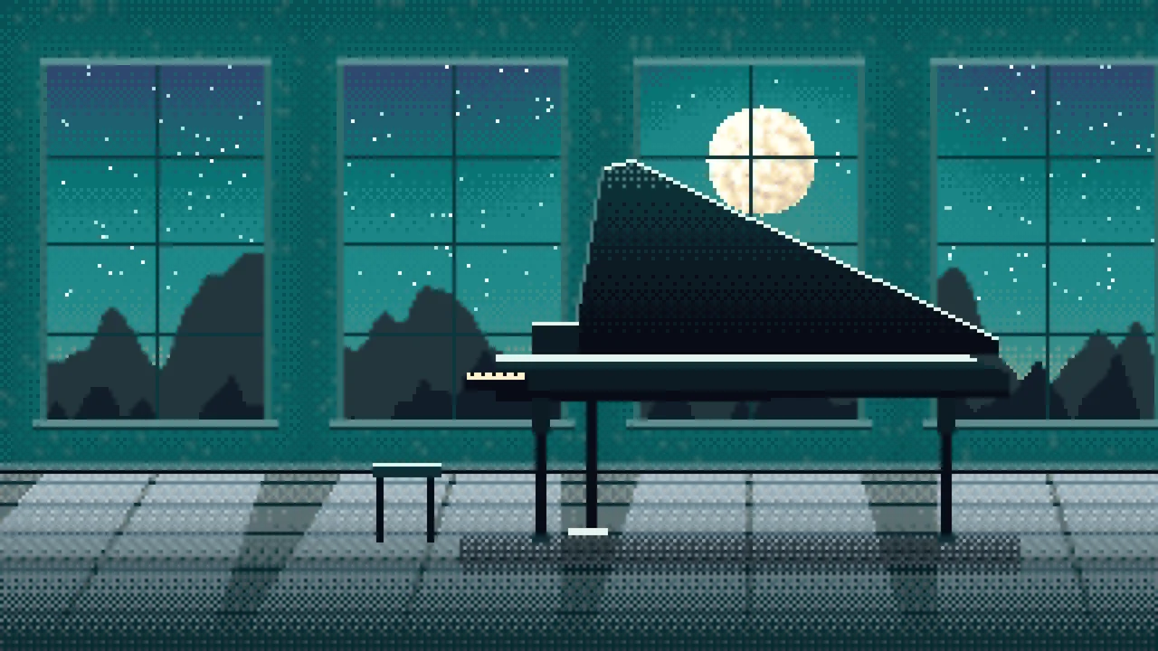 Teal Pixel Art Grand Piano by Moonlight desktop wallpaper in 4K