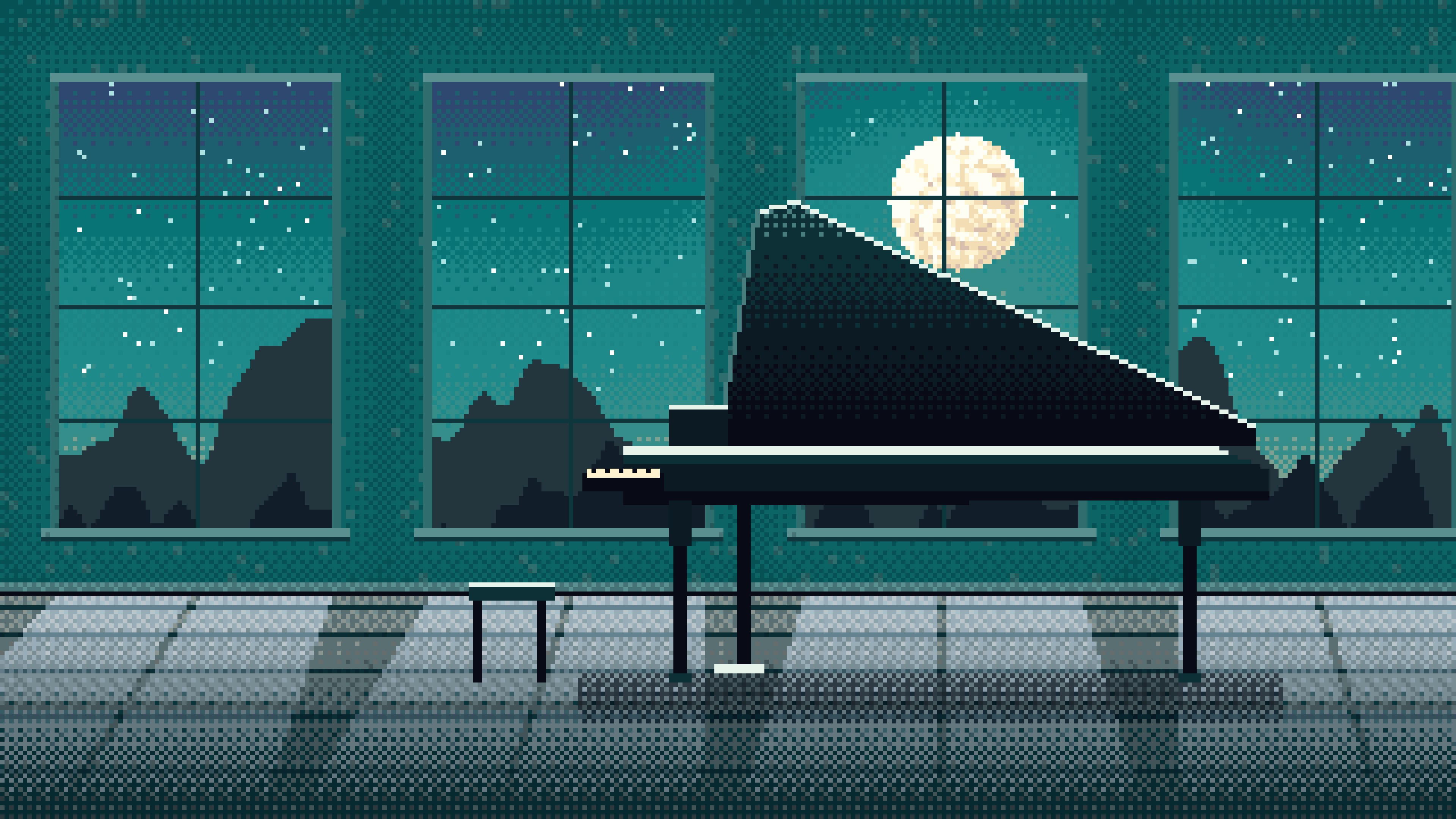 Teal Pixel Art Grand Piano by Moonlight desktop wallpaper in 4K