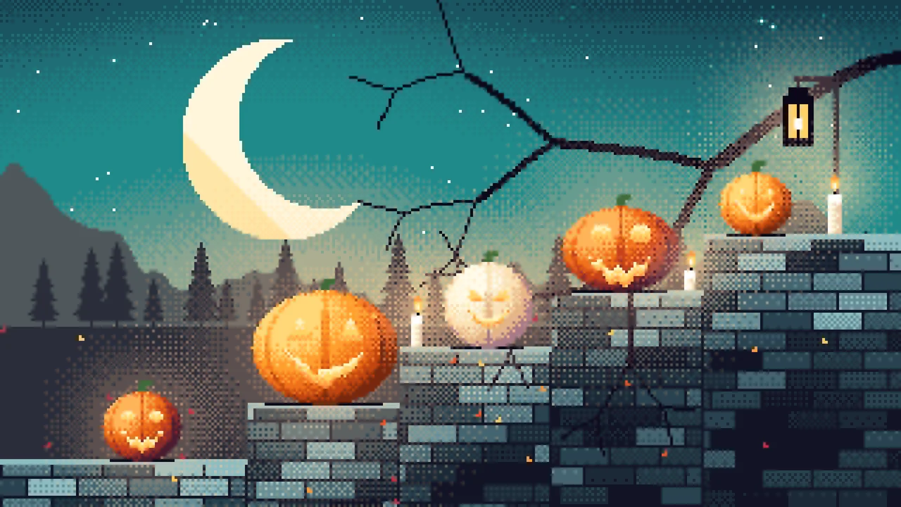 Teal Pixel Art Halloween Steps desktop wallpaper in 4K