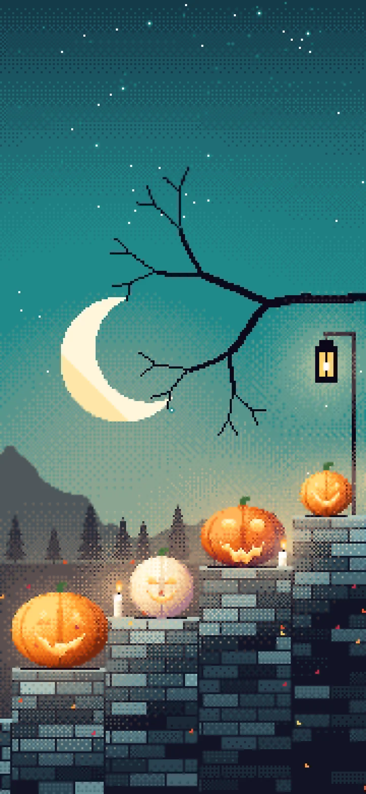 Teal Pixel Art Halloween Steps wallpaper for iPhone and Android