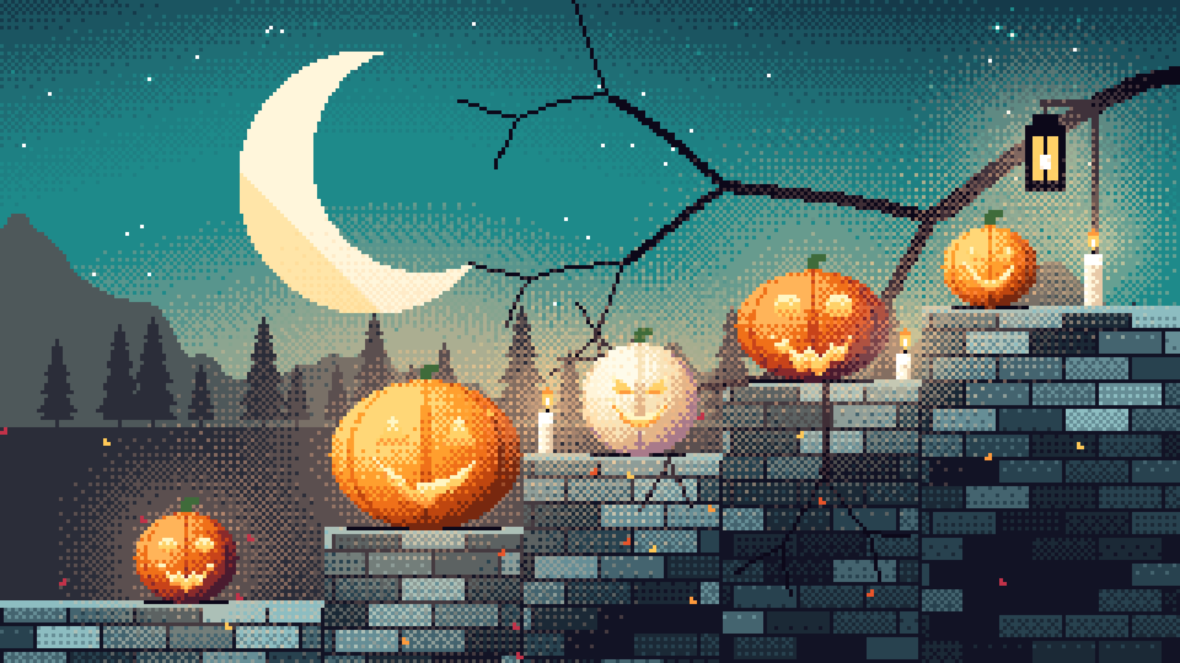 Teal Pixel Art Halloween Steps desktop wallpaper in 4K
