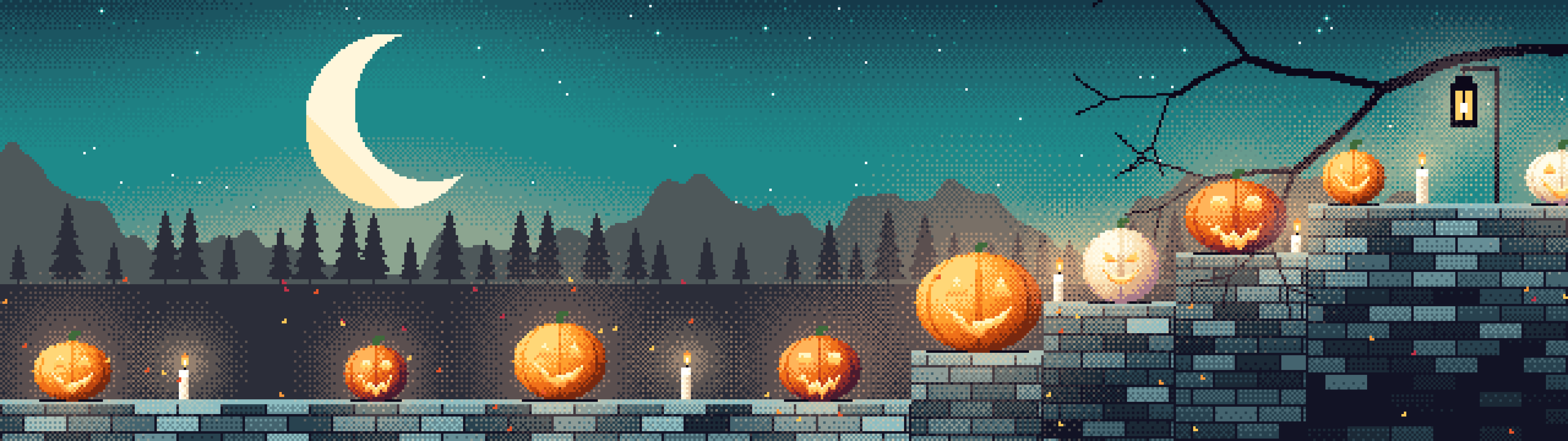 Teal Pixel Art Halloween Steps dual monitor wallpaper, 7680 × 2160