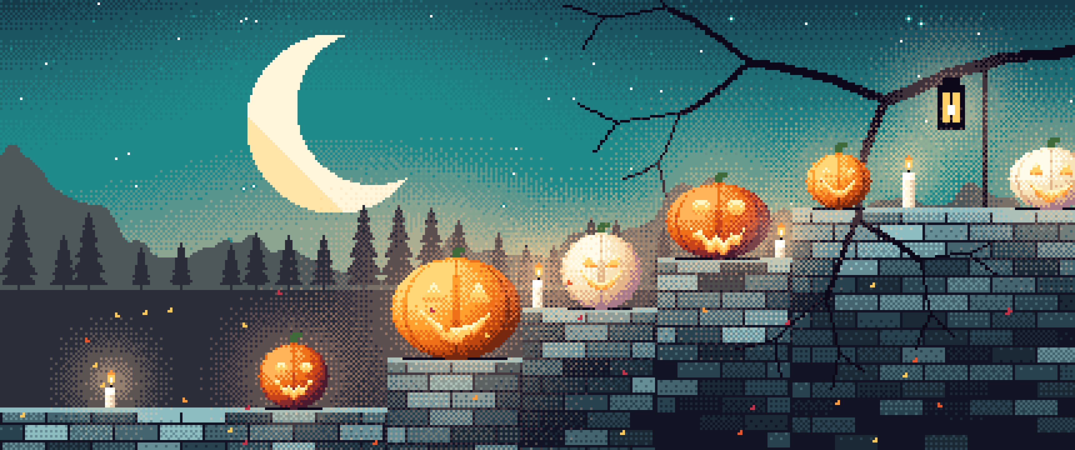 Teal Pixel Art Halloween Steps ultrawide wallpaper, 3440 × 1440