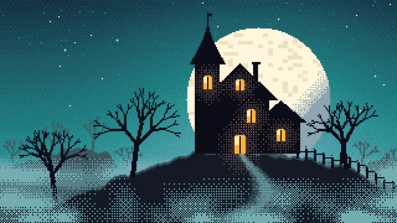 Teal Pixel Art Haunted House desktop wallpaper in 4K
