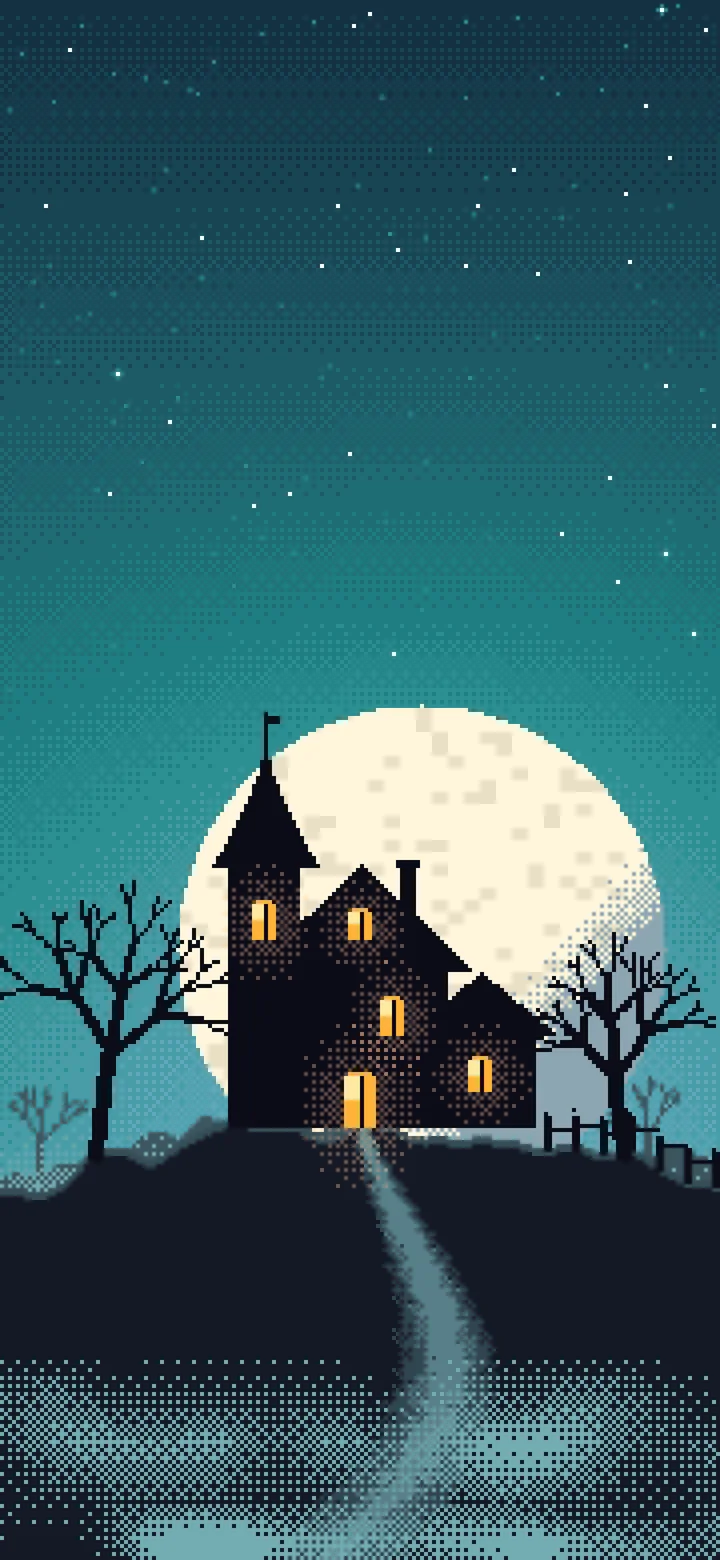 Teal Pixel Art Haunted House wallpaper for iPhone and Android