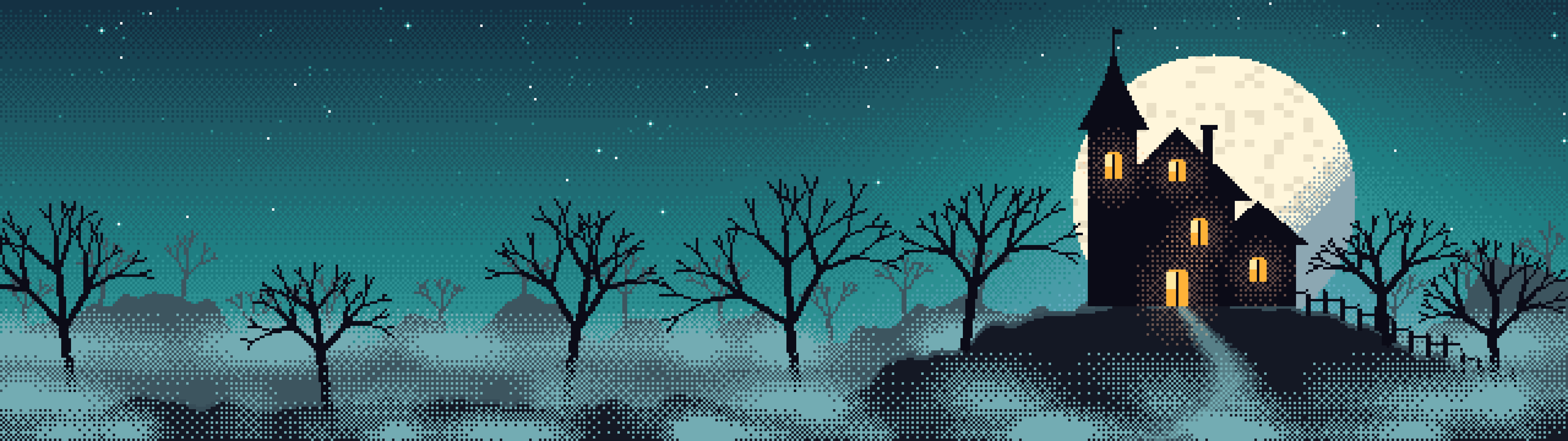 Teal Pixel Art Haunted House dual monitor wallpaper, 7680 × 2160