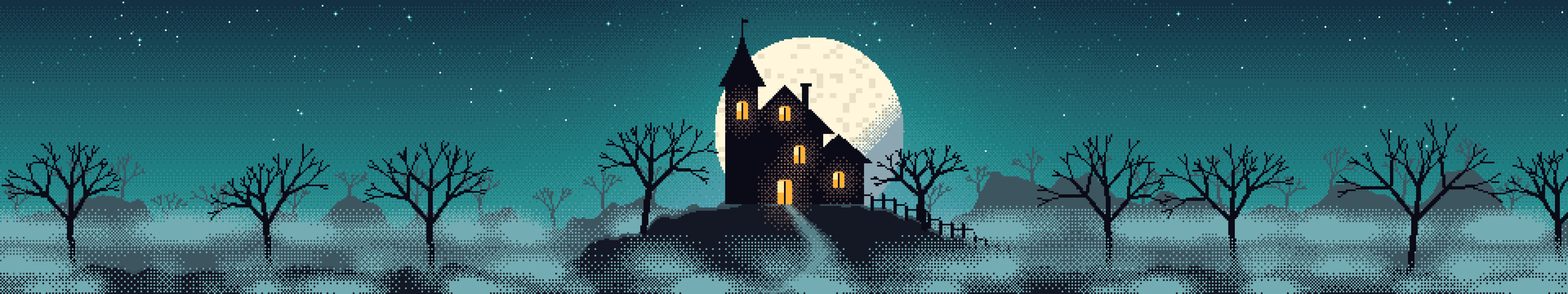 Teal Pixel Art Haunted House triple monitor wallpaper, 7680 × 1440