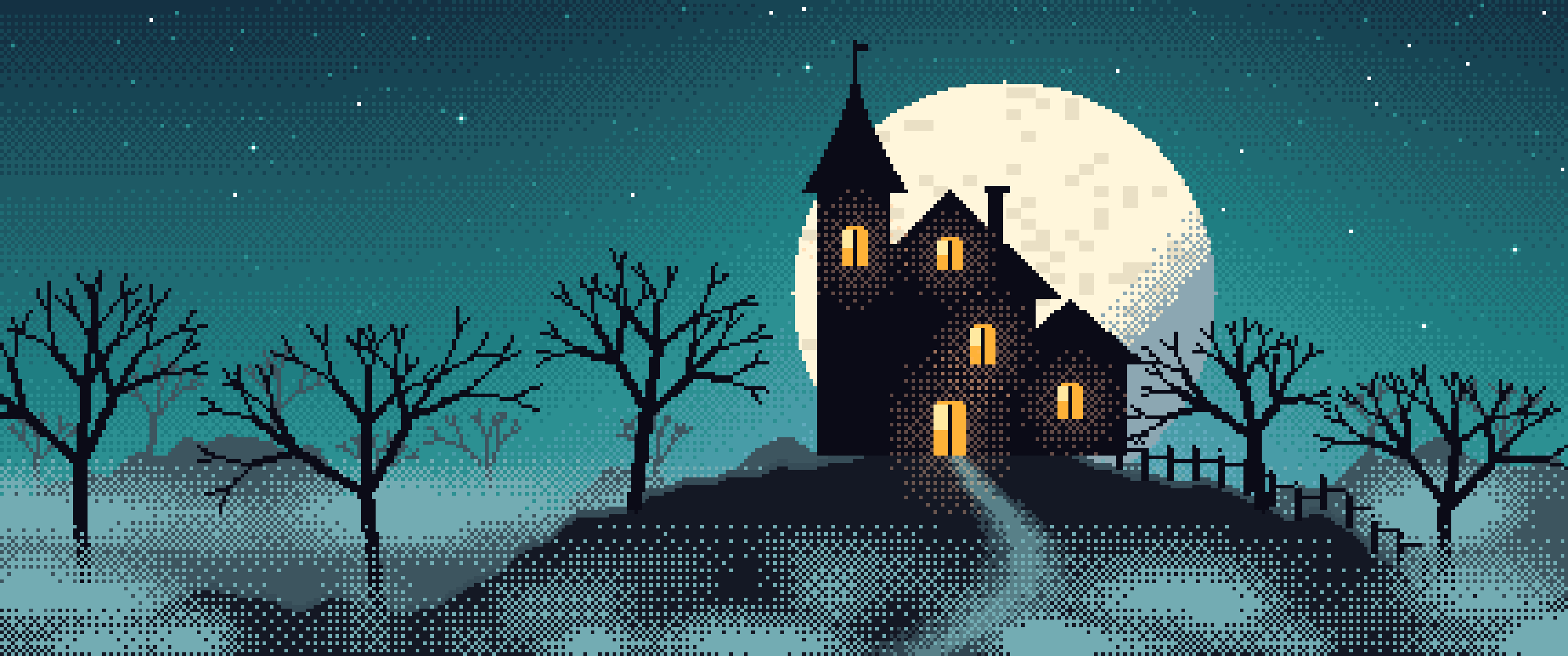 Teal Pixel Art Haunted House ultrawide wallpaper, 3440 × 1440