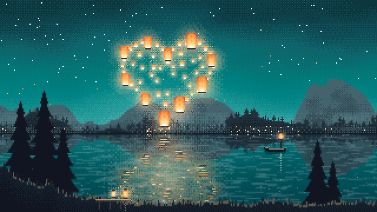 Teal Pixel Art Heart of Sky Lanterns Over a Lake desktop wallpaper in 4K