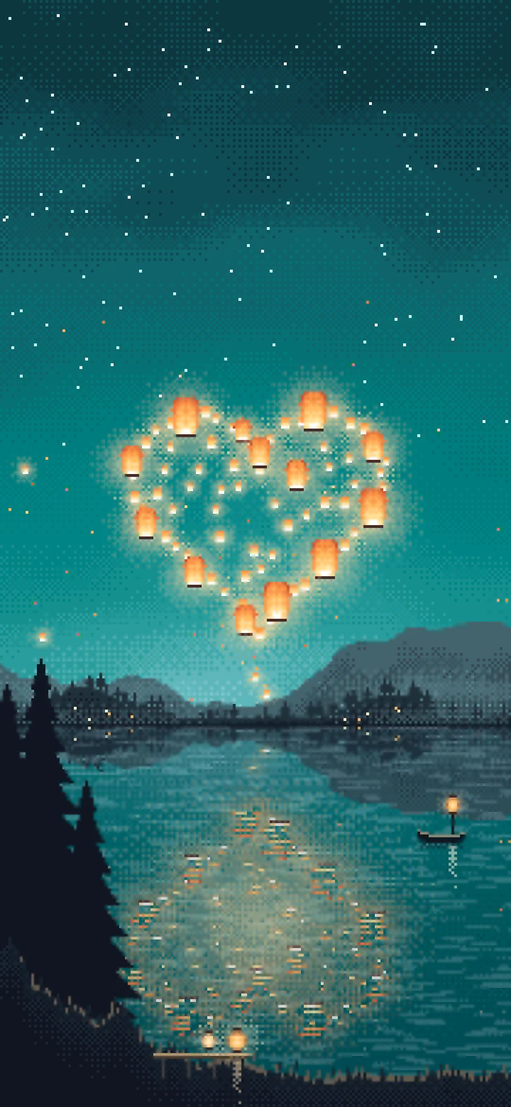 Teal Pixel Art Heart of Sky Lanterns Over a Lake wallpaper for iPhone and Android