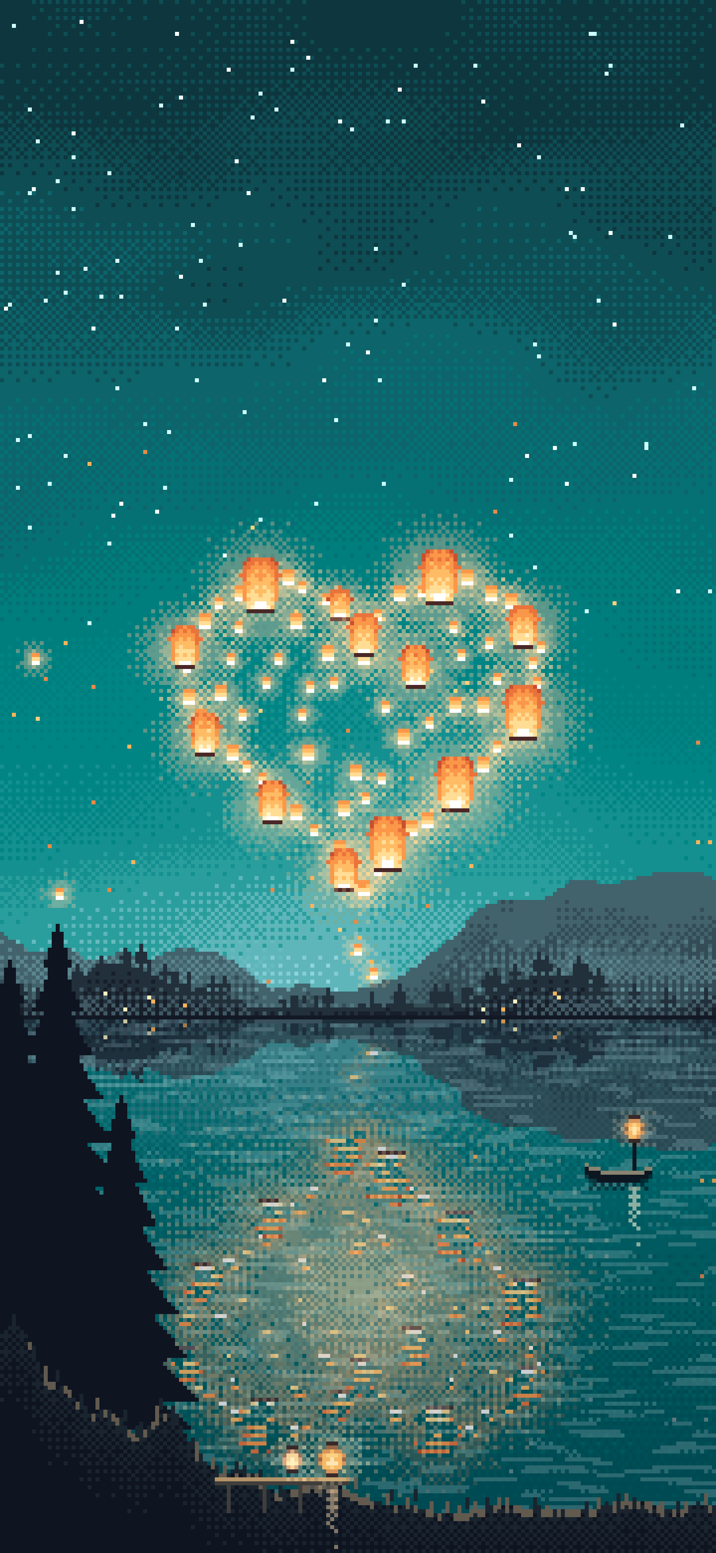 Teal Pixel Art Heart of Sky Lanterns Over a Lake wallpaper for iPhone and Android