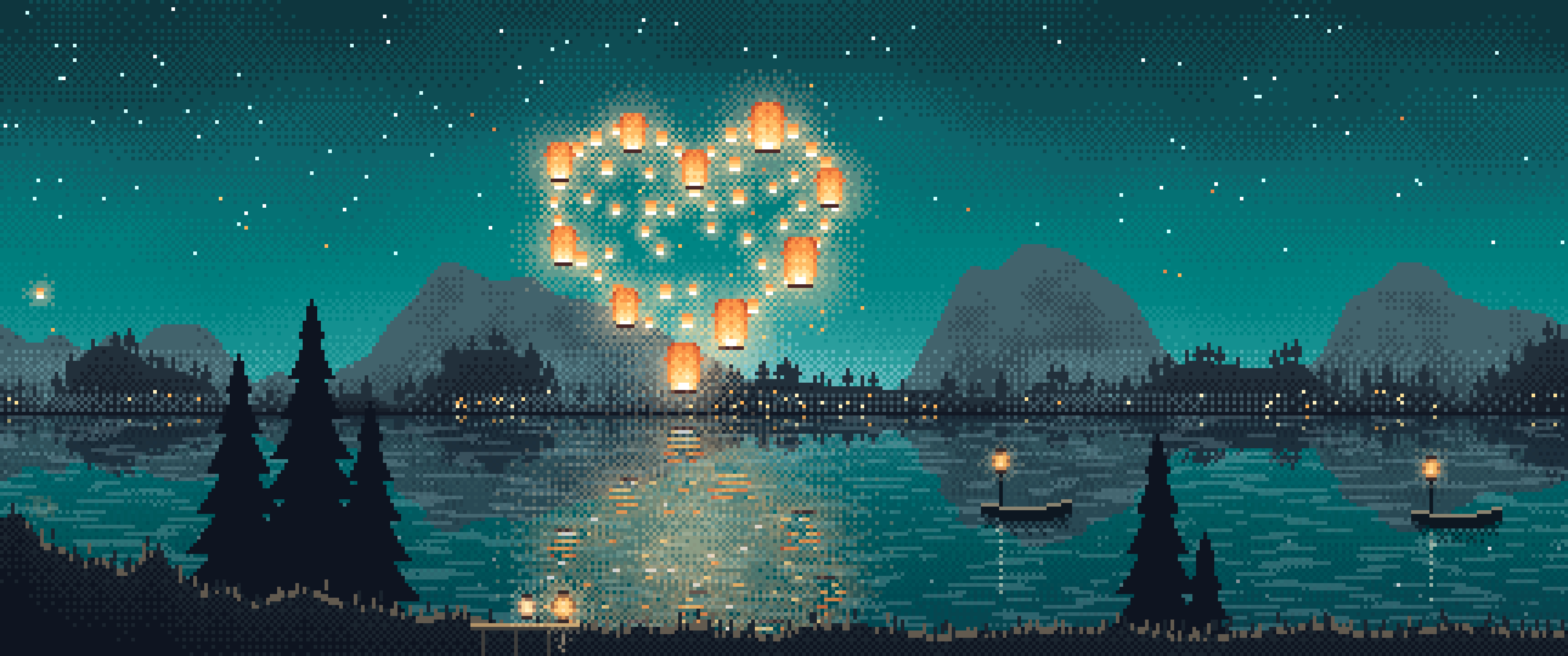 Teal Pixel Art Heart of Sky Lanterns Over a Lake ultrawide wallpaper, 3440 × 1440