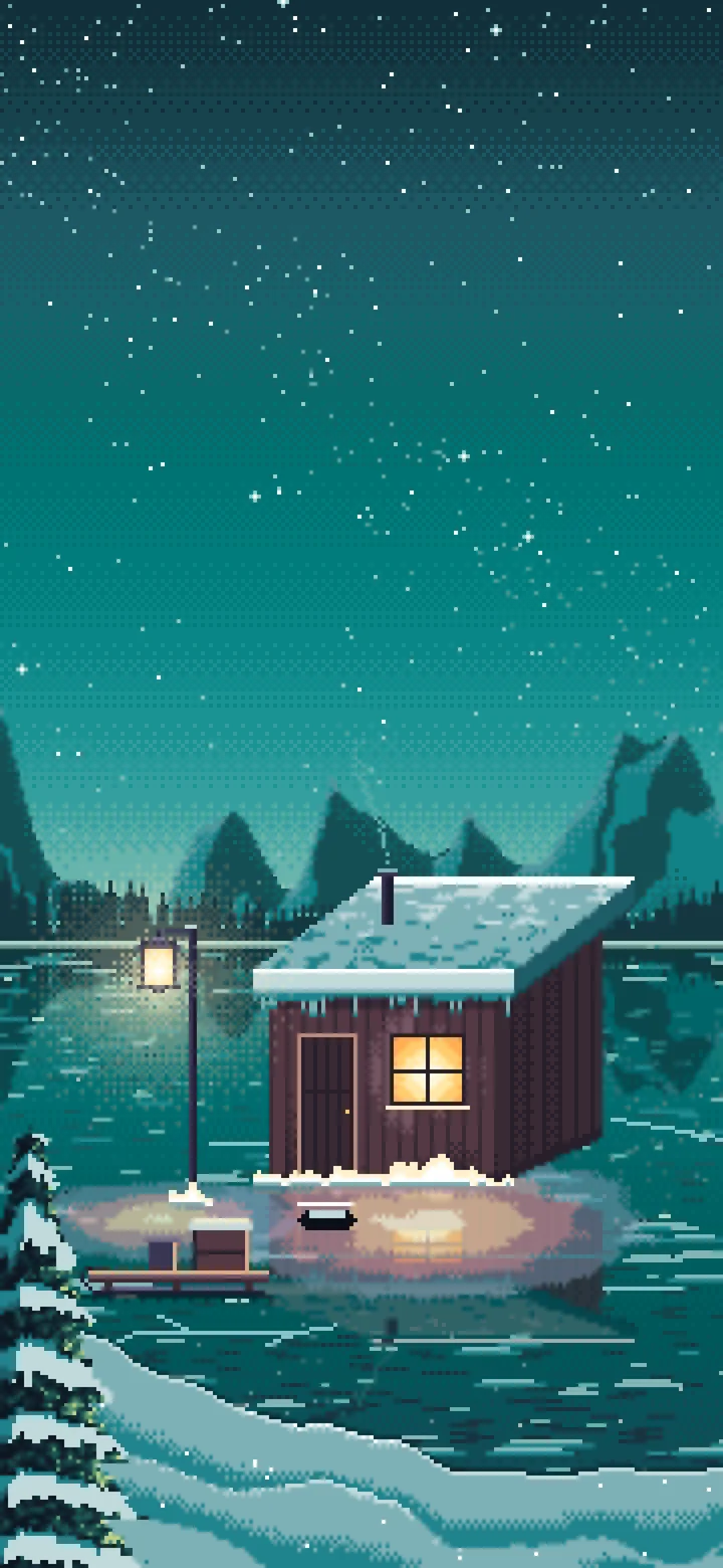 Teal Pixel Art Ice Fishing Hut on a Frozen Lake wallpaper for iPhone and Android