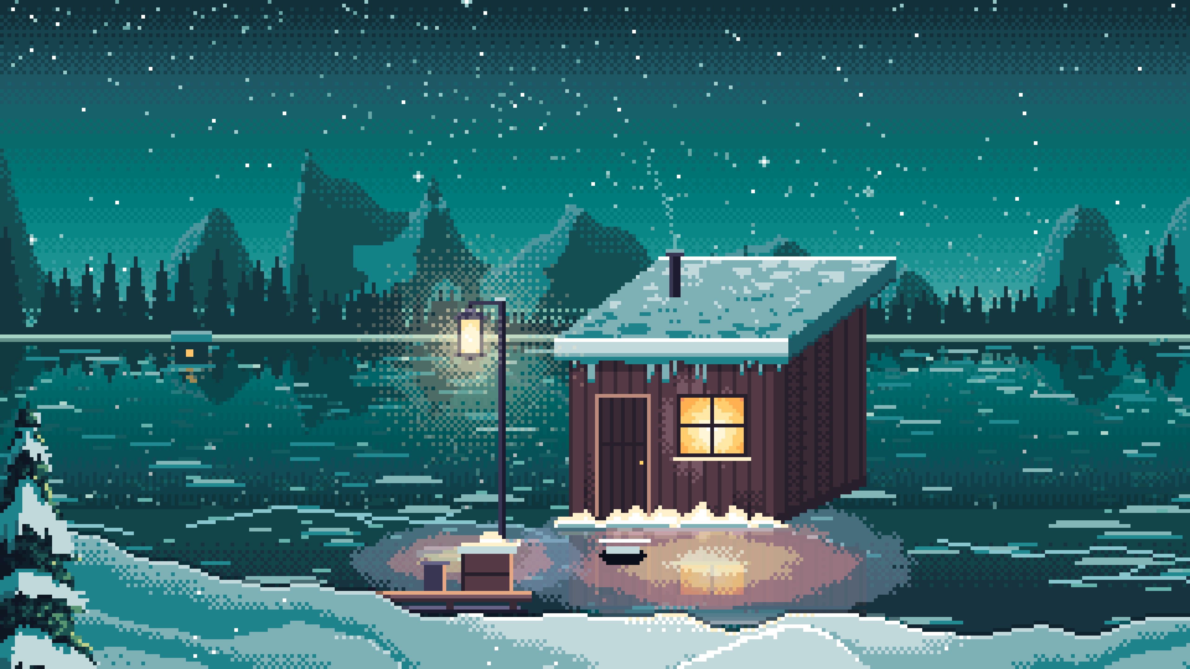 Teal Pixel Art Ice Fishing Hut on a Frozen Lake desktop wallpaper in 4K