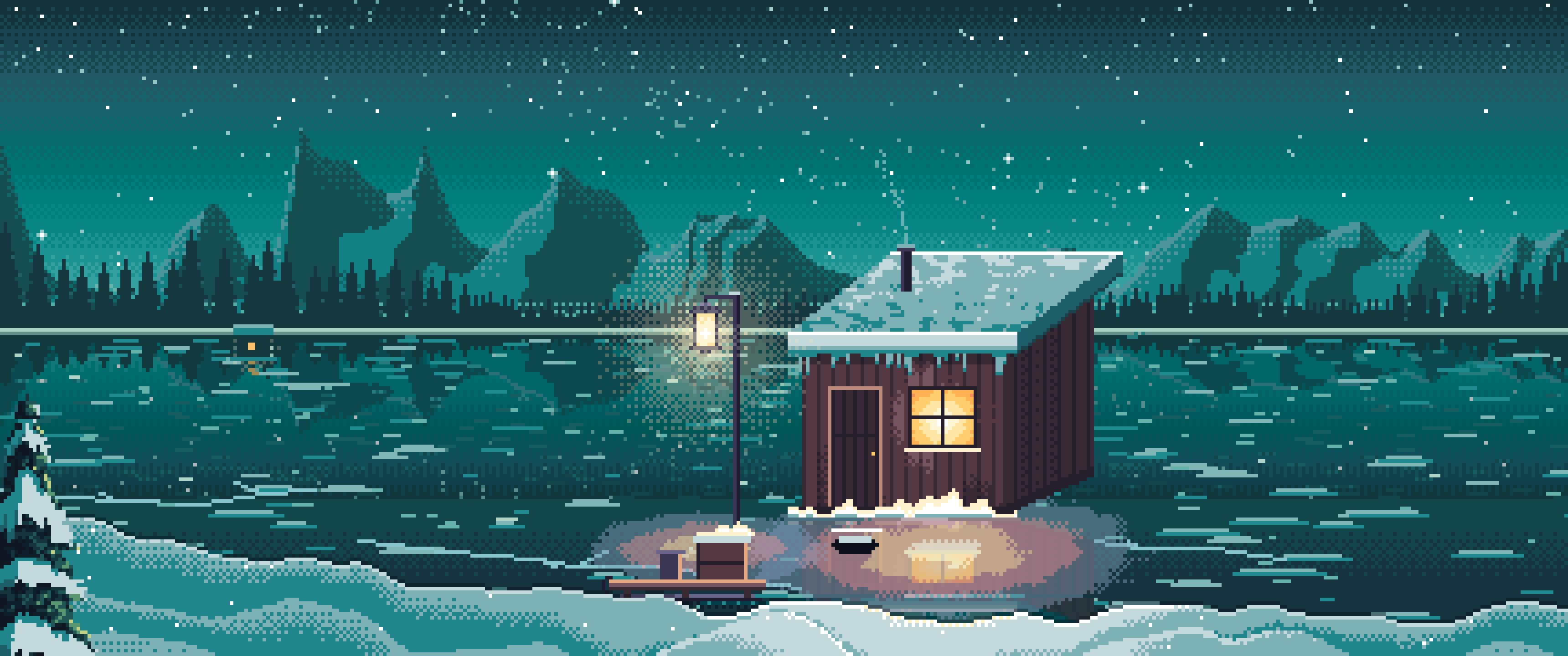 Teal Pixel Art Ice Fishing Hut on a Frozen Lake ultrawide wallpaper, 3440 × 1440