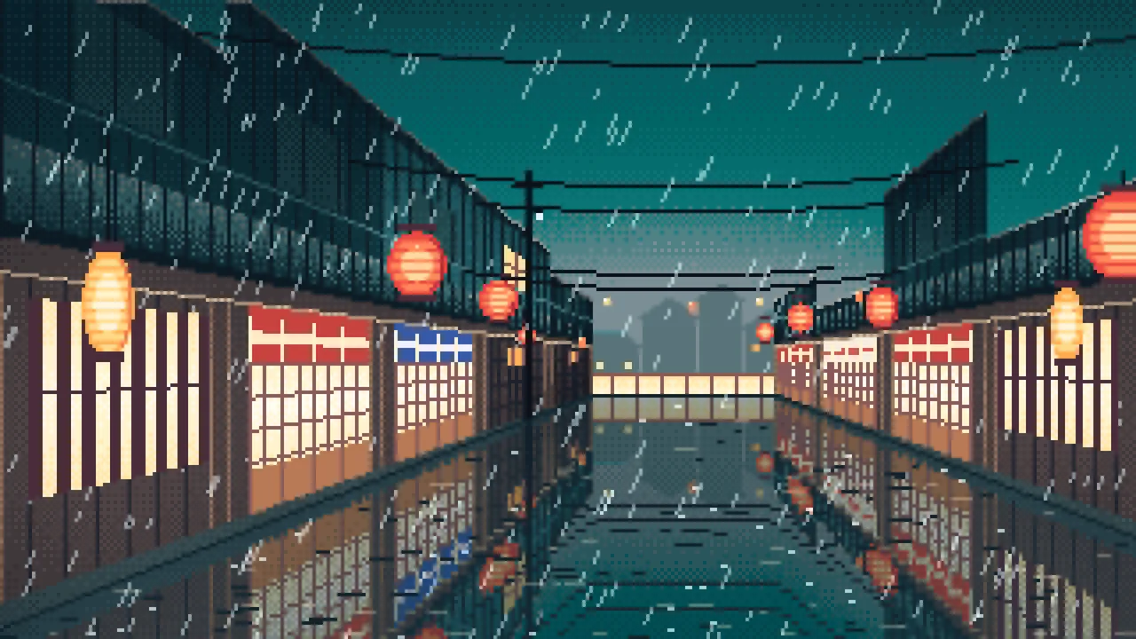Teal Pixel Art Japanese Alley at Night in the Rain desktop wallpaper in 4K