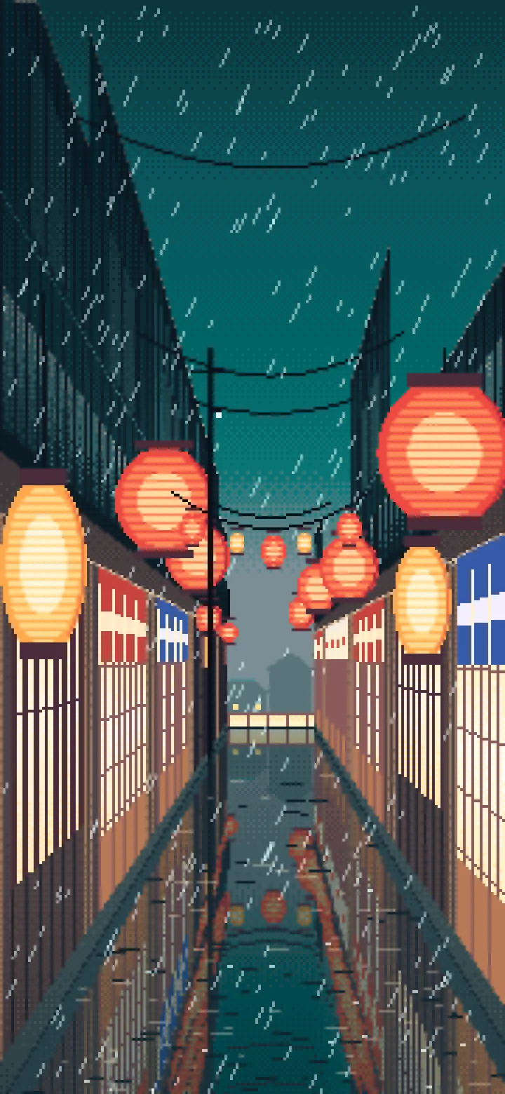 Teal Pixel Art Japanese Alley at Night in the Rain wallpaper for iPhone and Android