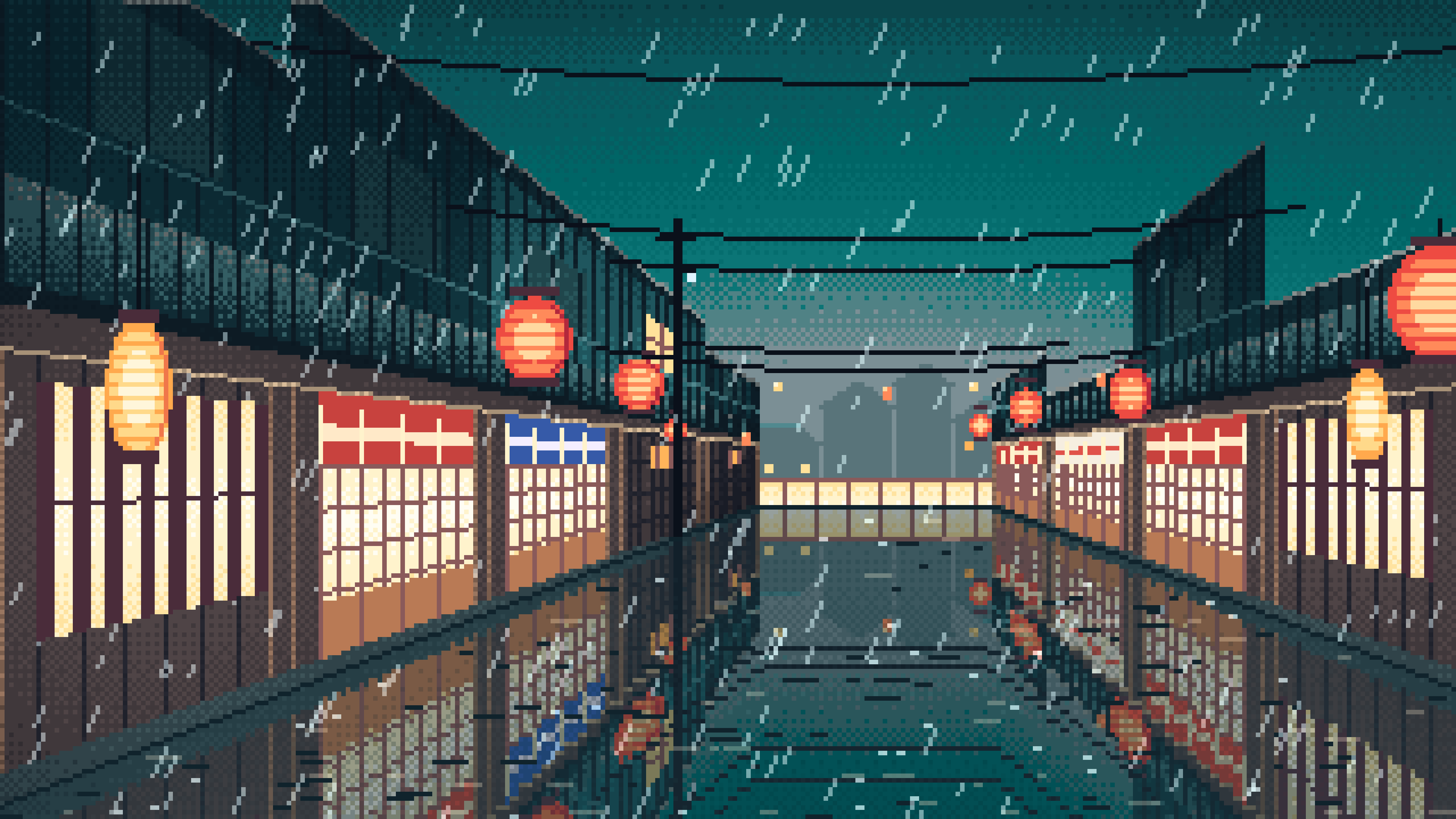 Teal Pixel Art Japanese Alley at Night in the Rain desktop wallpaper in 4K
