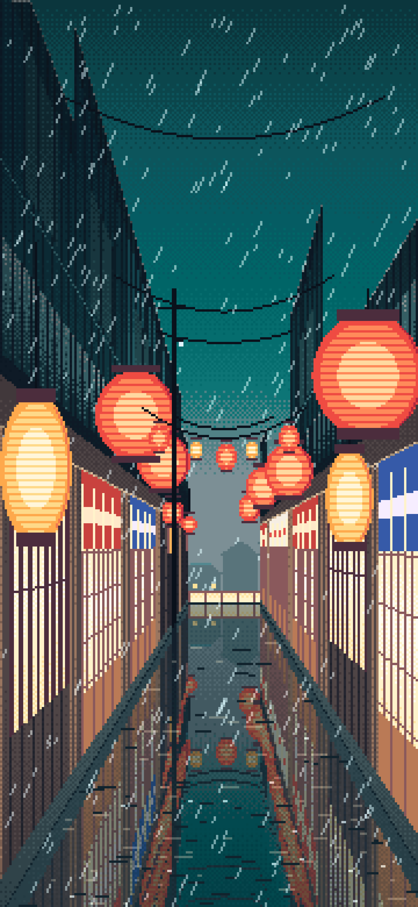 Teal Pixel Art Japanese Alley at Night in the Rain wallpaper for iPhone and Android