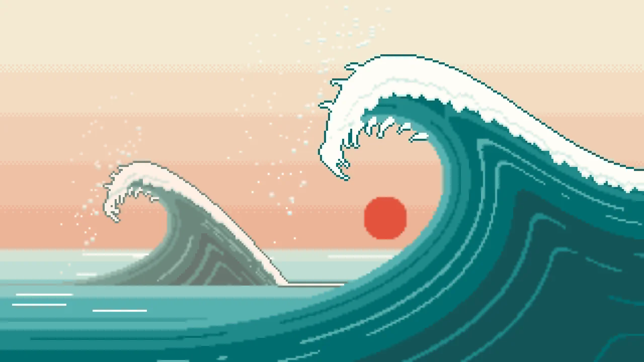 Teal Pixel Art Japanese Great Wave desktop wallpaper in 4K