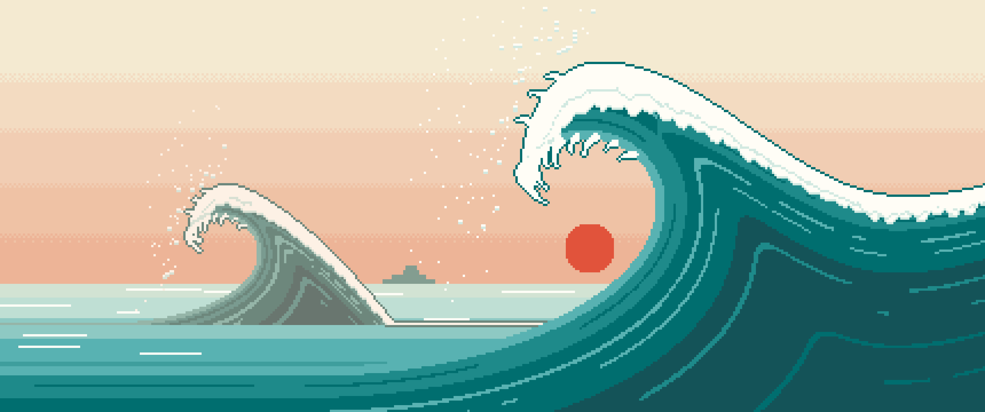 Teal Pixel Art Japanese Great Wave ultrawide wallpaper, 3440 × 1440