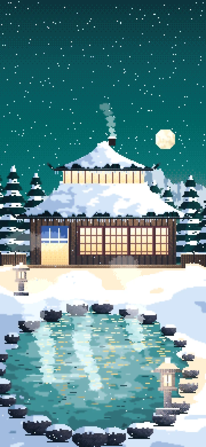 Teal Pixel Art Japanese Onsen in the Snow wallpaper for iPhone and Android