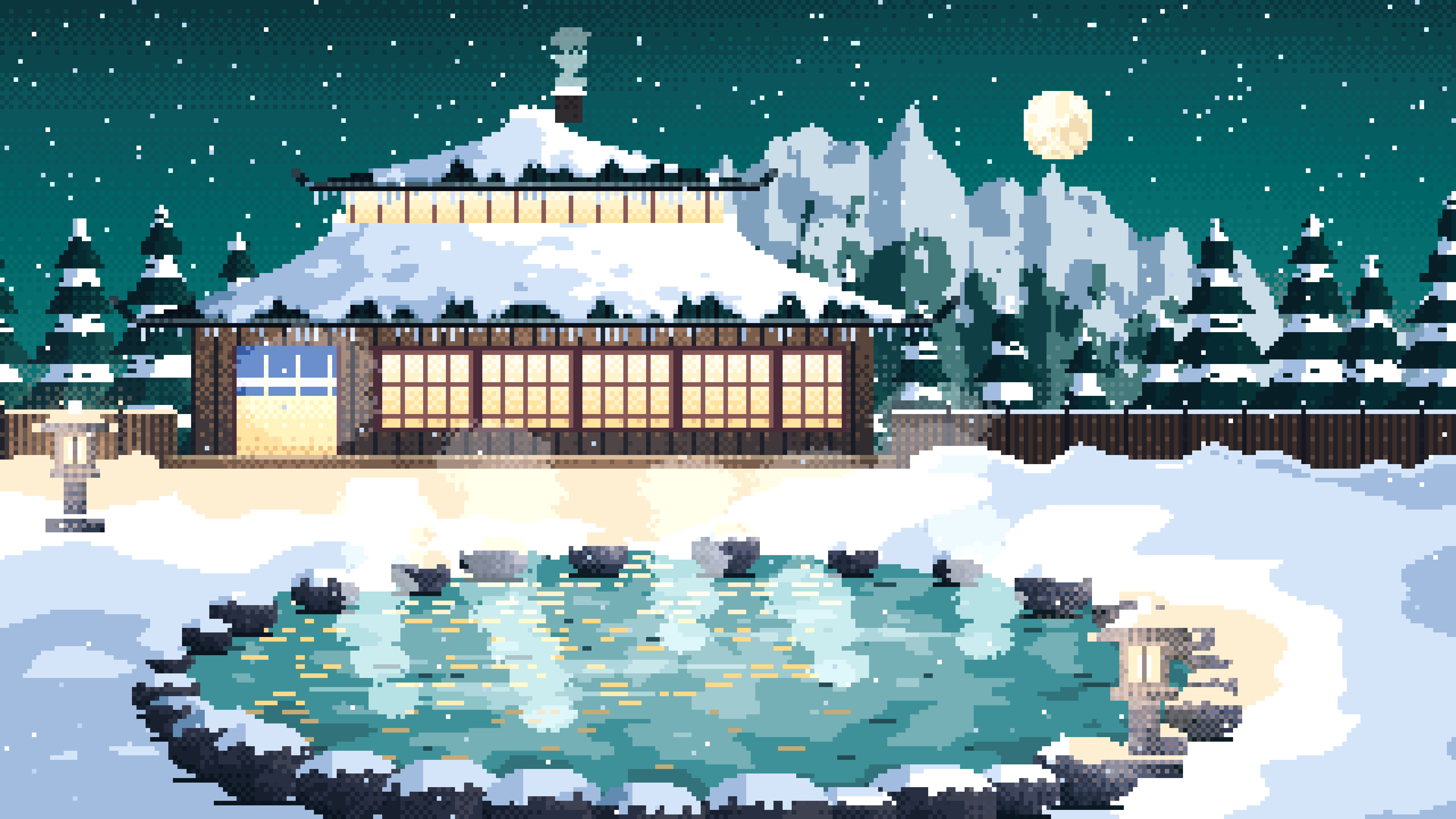 Teal Pixel Art Japanese Onsen in the Snow desktop wallpaper in 4K