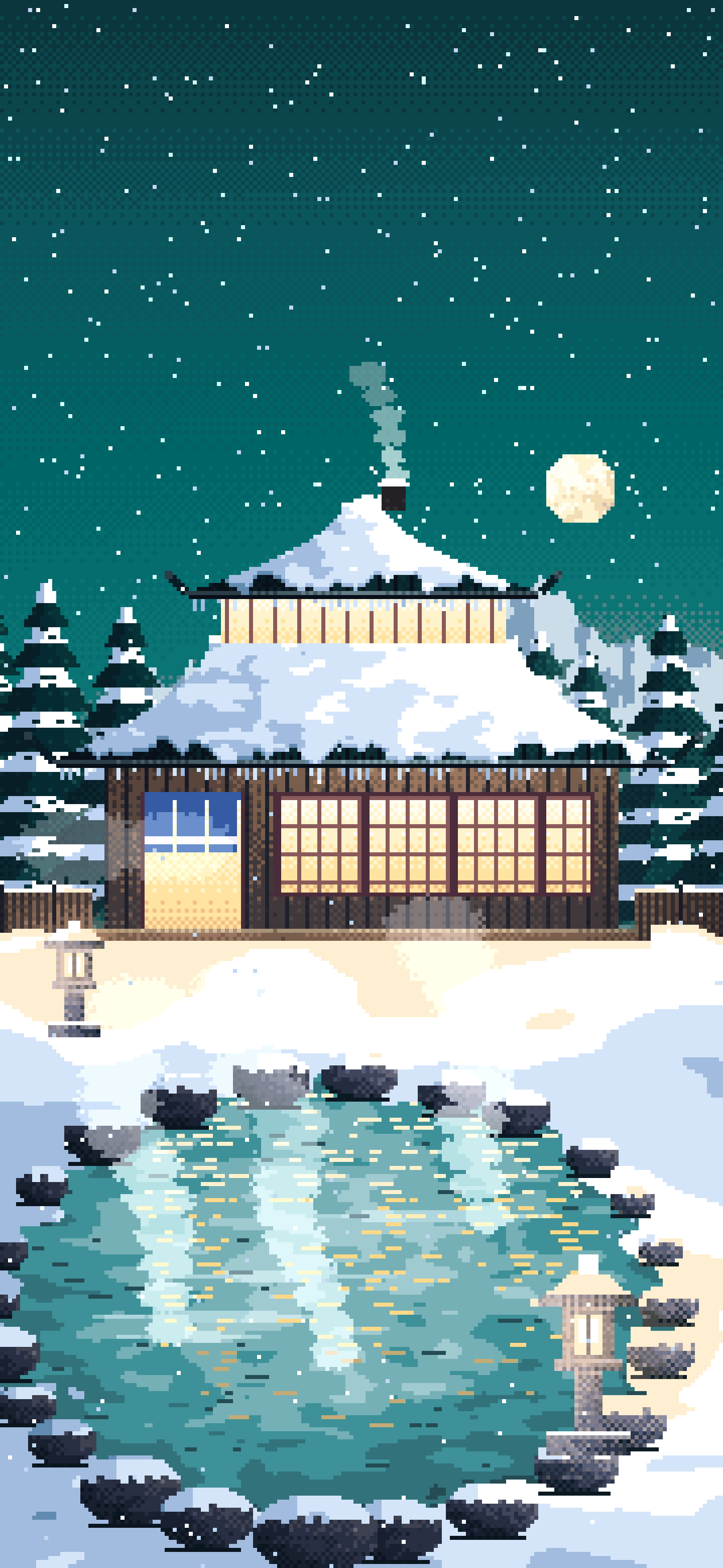 Teal Pixel Art Japanese Onsen in the Snow wallpaper for iPhone and Android