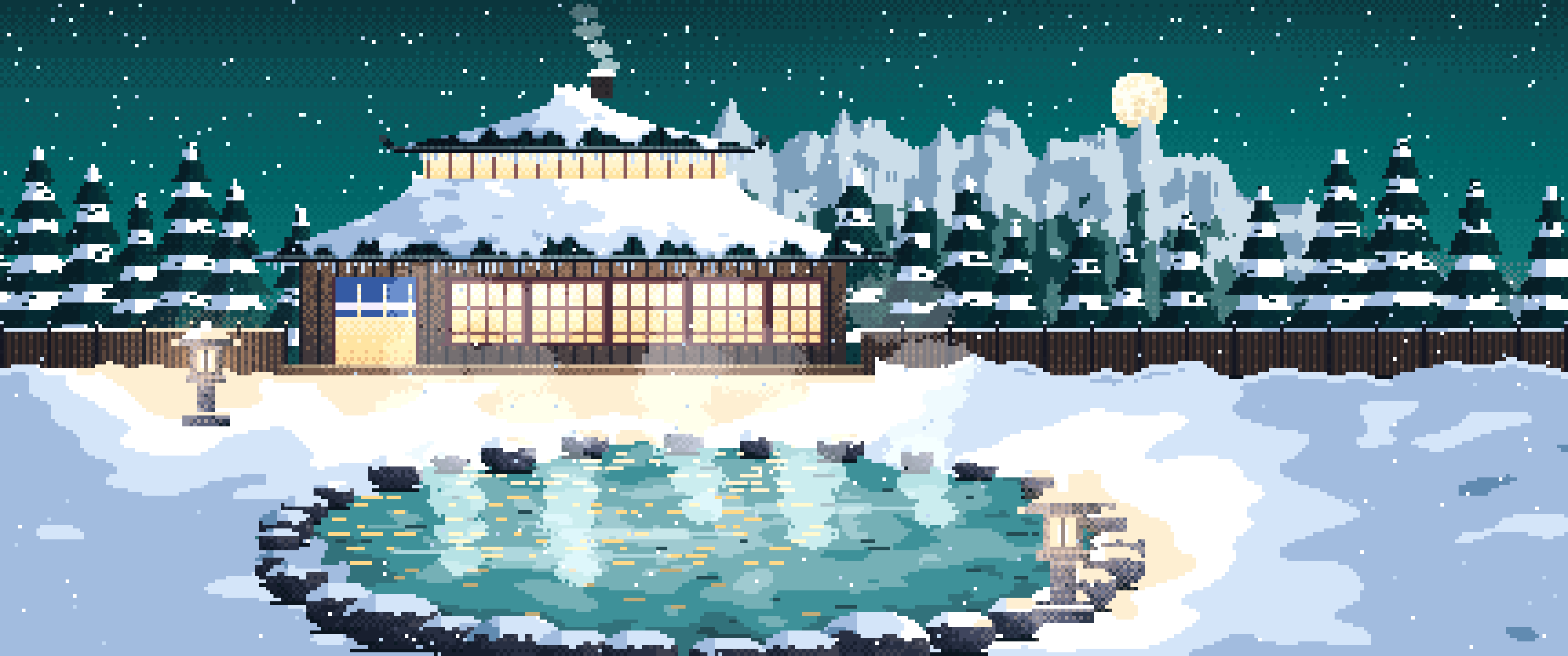 Teal Pixel Art Japanese Onsen in the Snow ultrawide wallpaper, 3440 × 1440