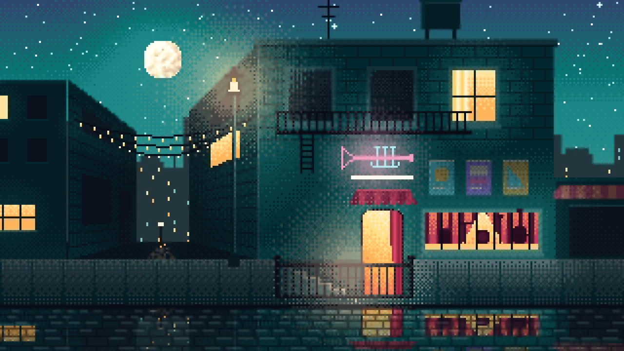 Teal Pixel Art Jazz Club at Night desktop wallpaper in 4K