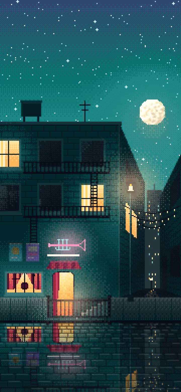 Teal Pixel Art Jazz Club at Night wallpaper for iPhone and Android