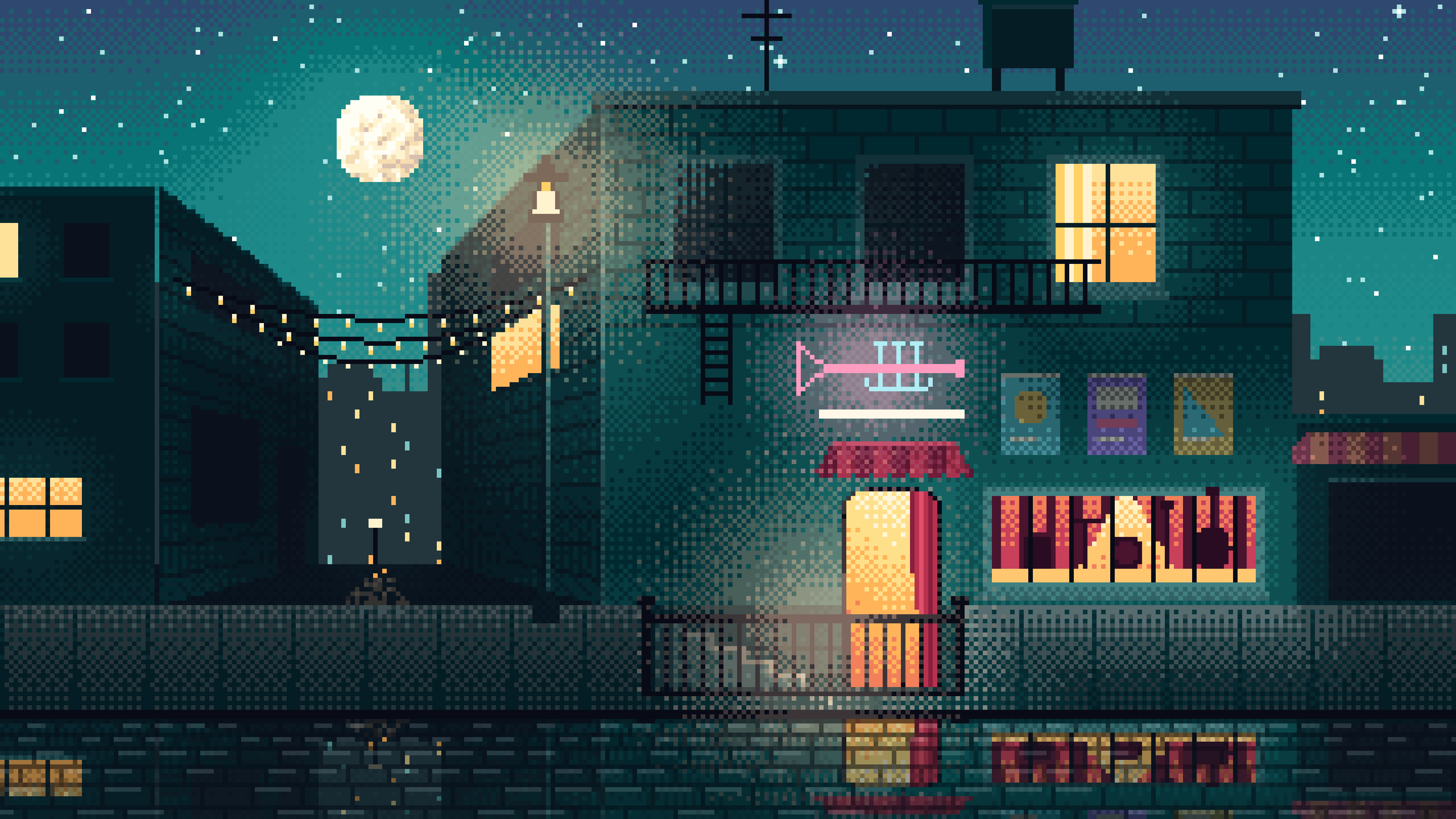 Teal Pixel Art Jazz Club at Night desktop wallpaper in 4K