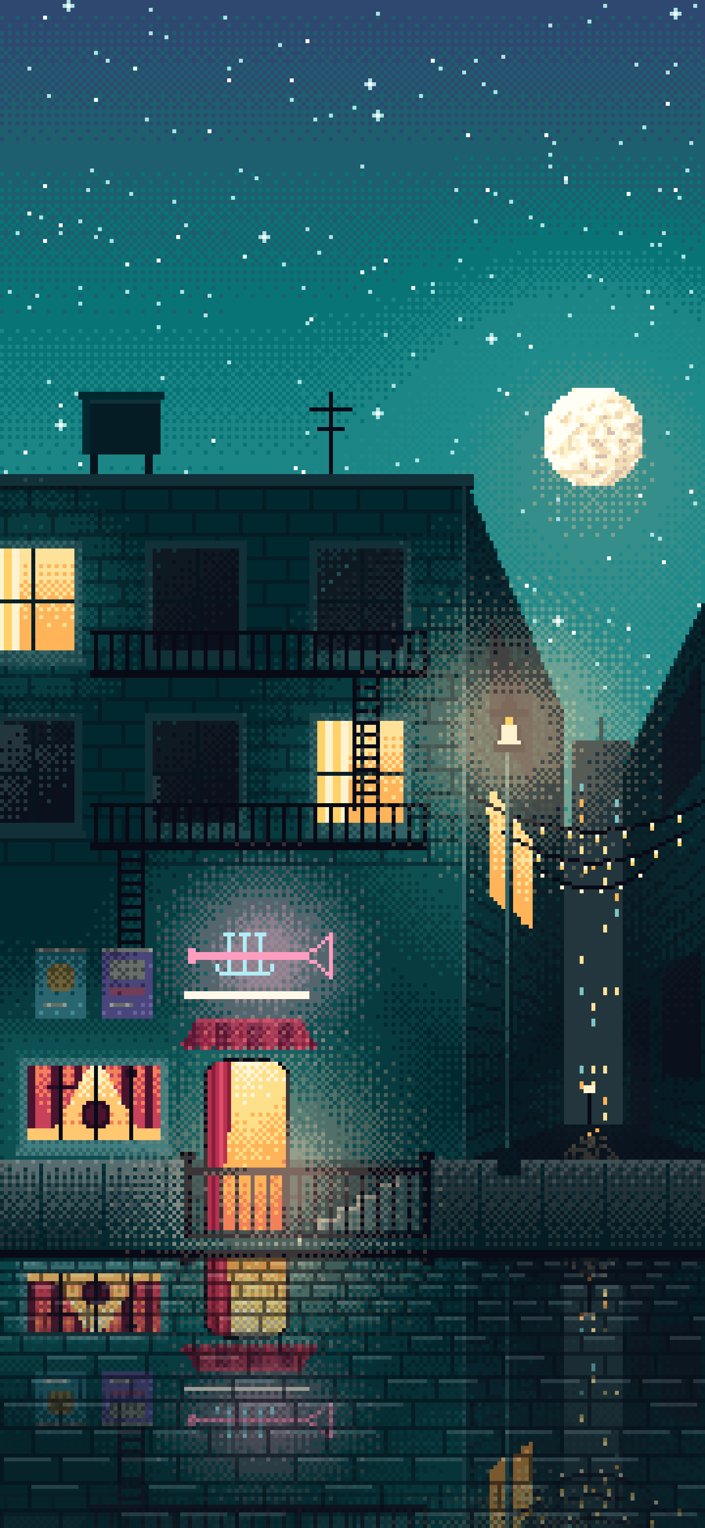 Teal Pixel Art Jazz Club at Night wallpaper for iPhone and Android