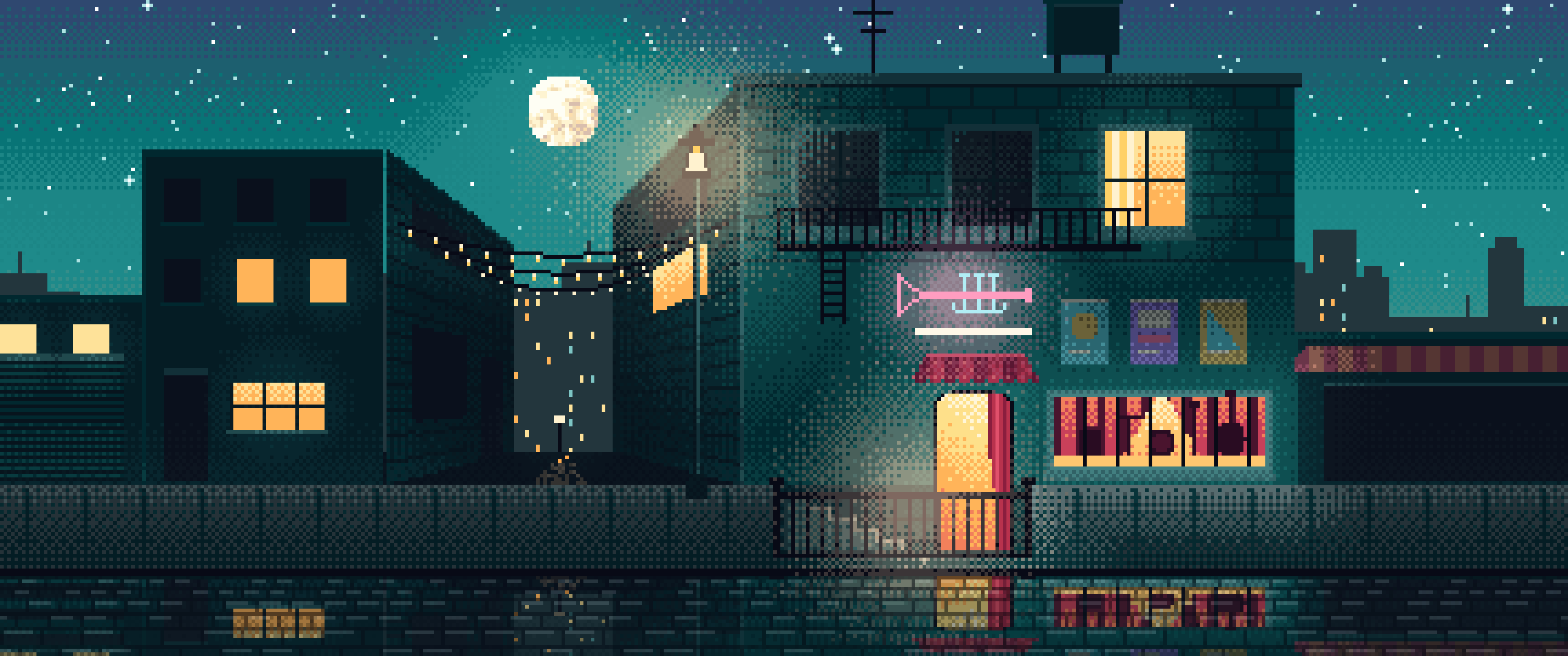 Teal Pixel Art Jazz Club at Night ultrawide wallpaper, 3440 × 1440