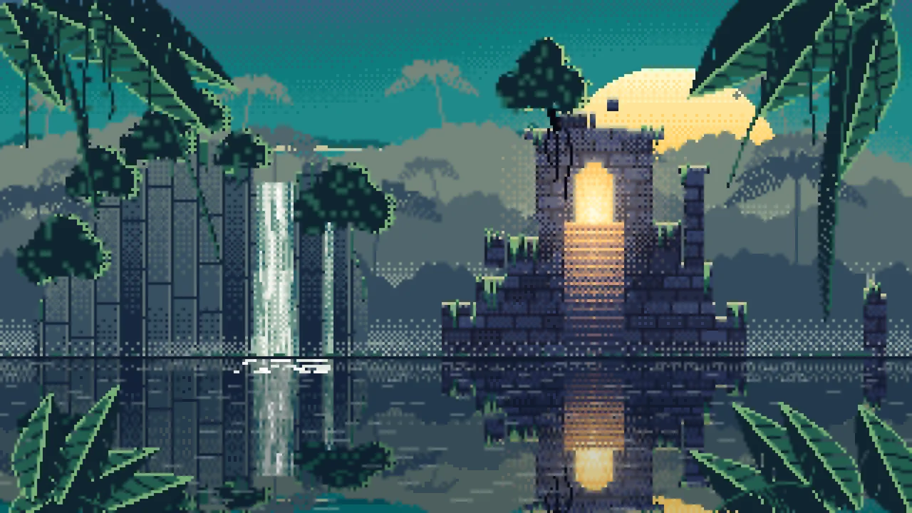Teal Pixel Art Jungle Temple Ruins desktop wallpaper in 4K