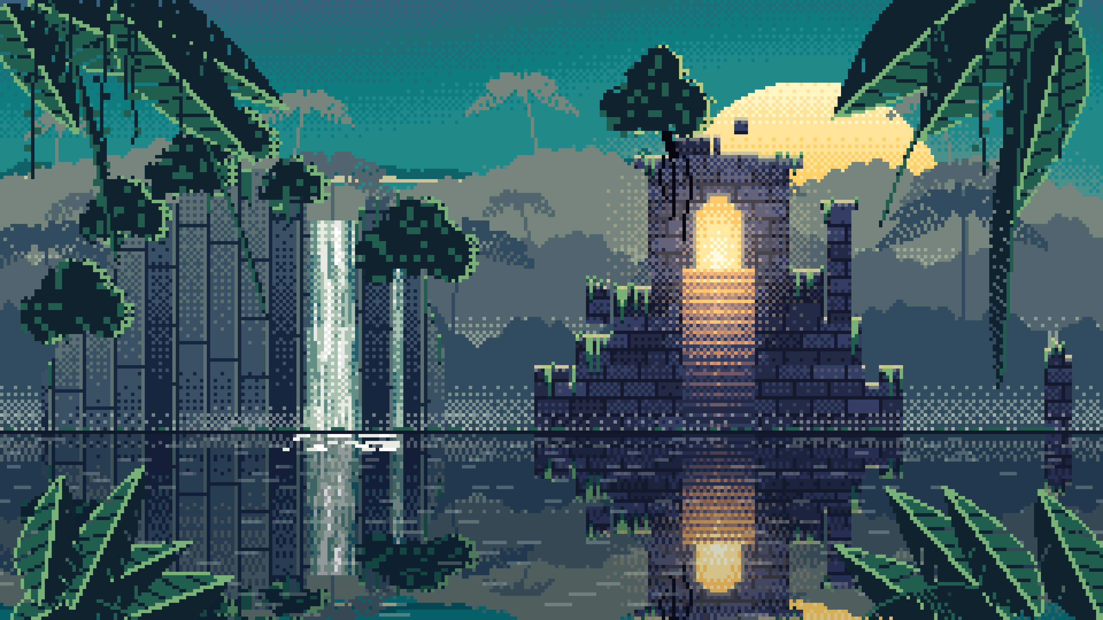 Teal Pixel Art Jungle Temple Ruins desktop wallpaper in 4K