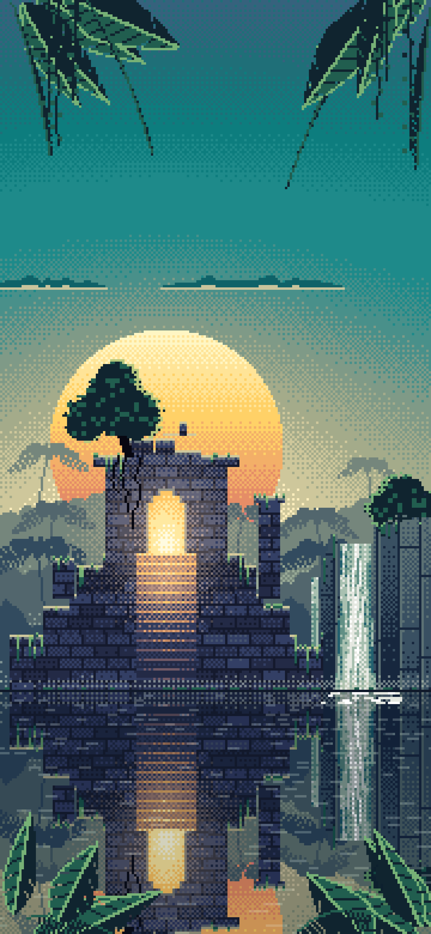 Teal Pixel Art Jungle Temple Ruins wallpaper for iPhone and Android