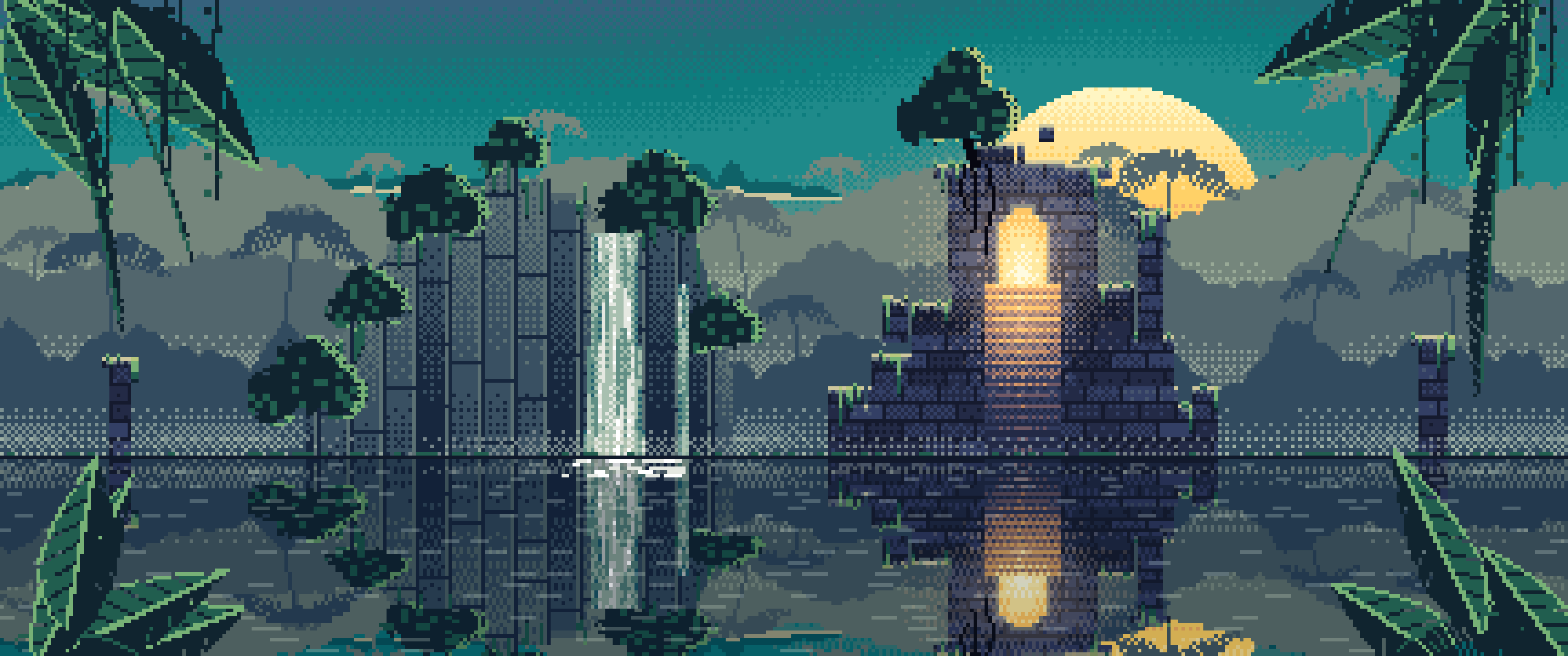 Teal Pixel Art Jungle Temple Ruins ultrawide wallpaper, 3440 × 1440